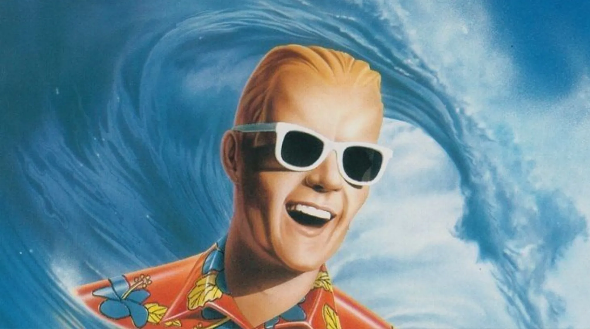 An excited cartoon surfer in a Hawaiian shirt and white sunglasses smiles in front of a big blue wave, 80s pop culture.