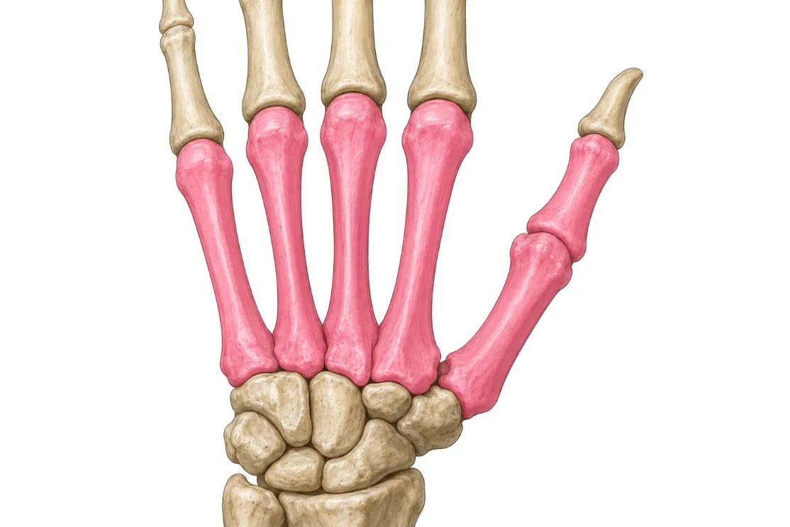 Detailed illustration of human hand bones. This science general knowledge quiz image highlights the metacarpals and phalanges.