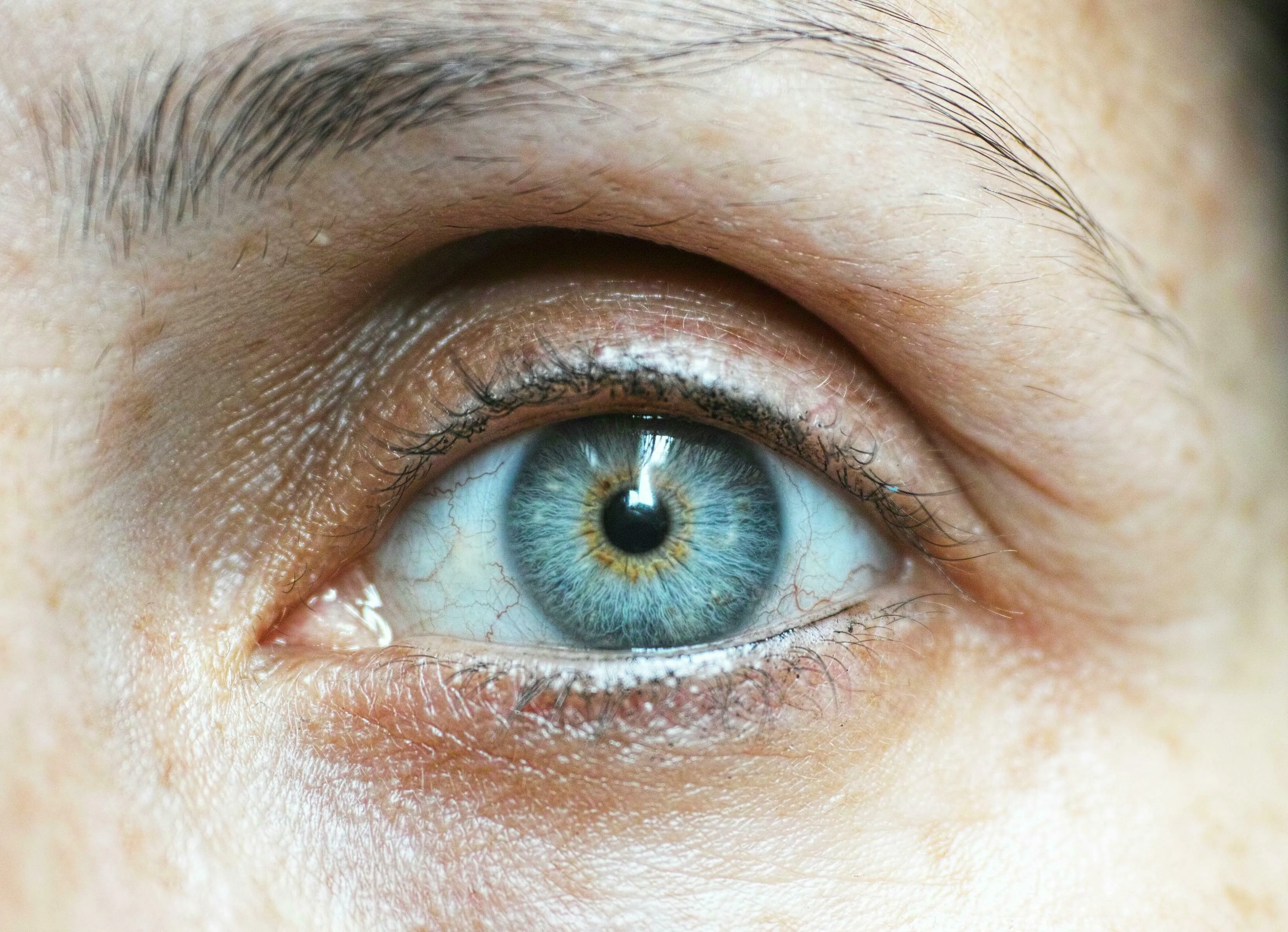 Close-up of a human eye with a blue iris. Explore Science General Knowledge Quiz for facts about color distinction.