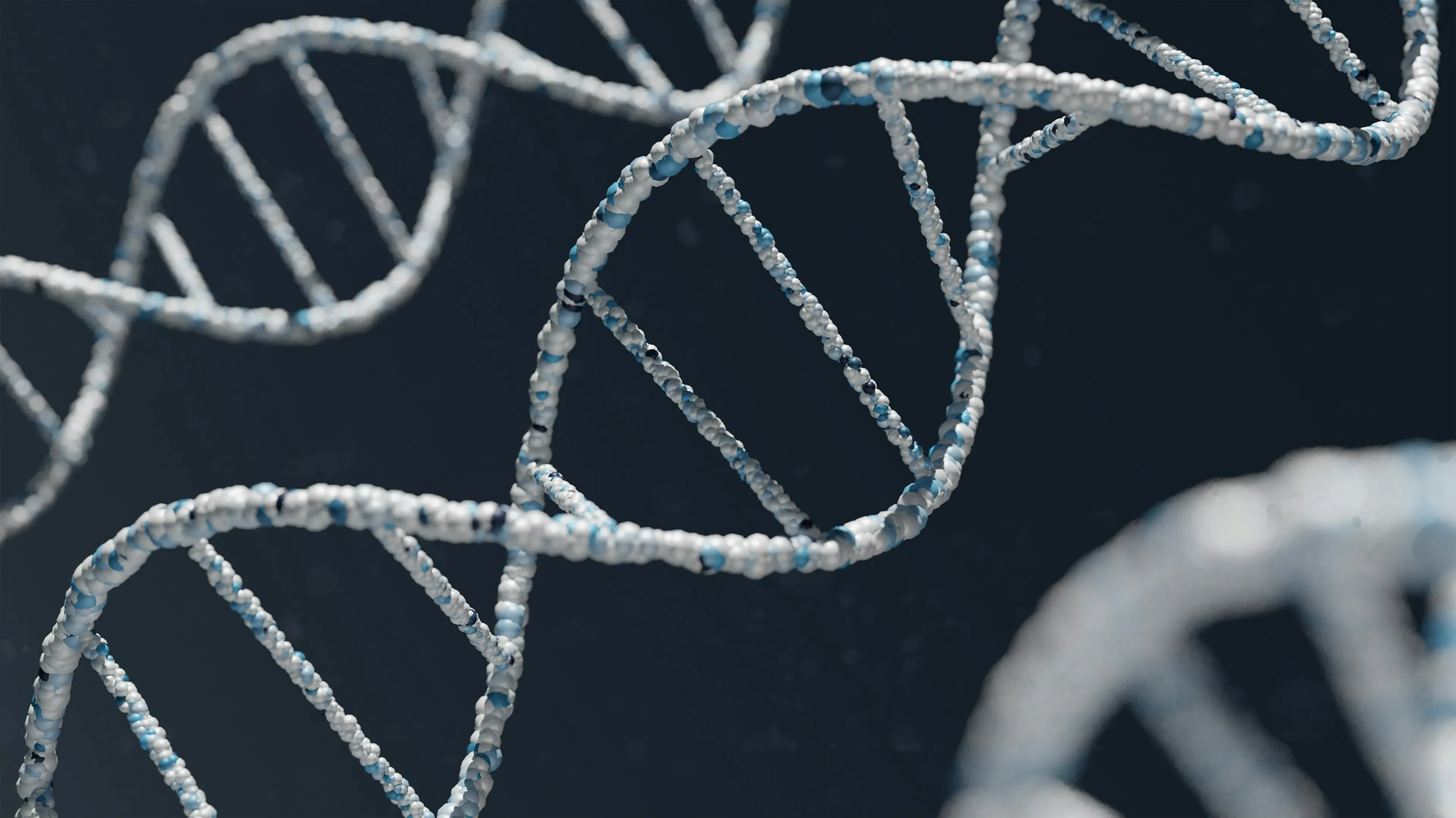 A close-up of a DNA double helix, blue and white, against a dark background, relating to Science General Knowledge.