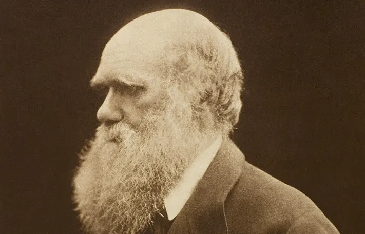 Sepia-toned profile portrait of Charles Darwin, with a prominent white beard and bald head, looking left.
