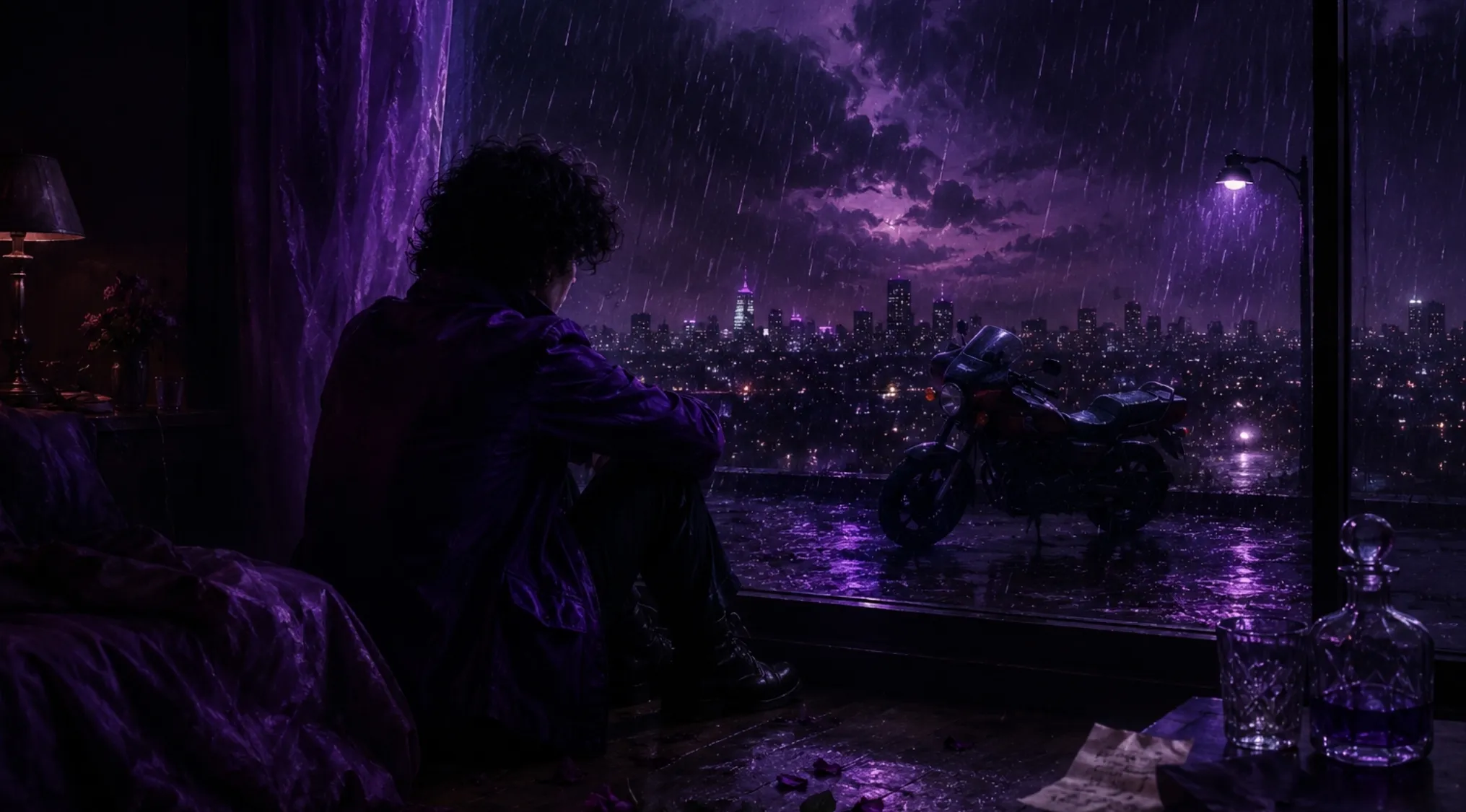 A person looking out at a rainy cityscape at night, lit with purple hues. Guess the song from an image. What song is coded into this image?
