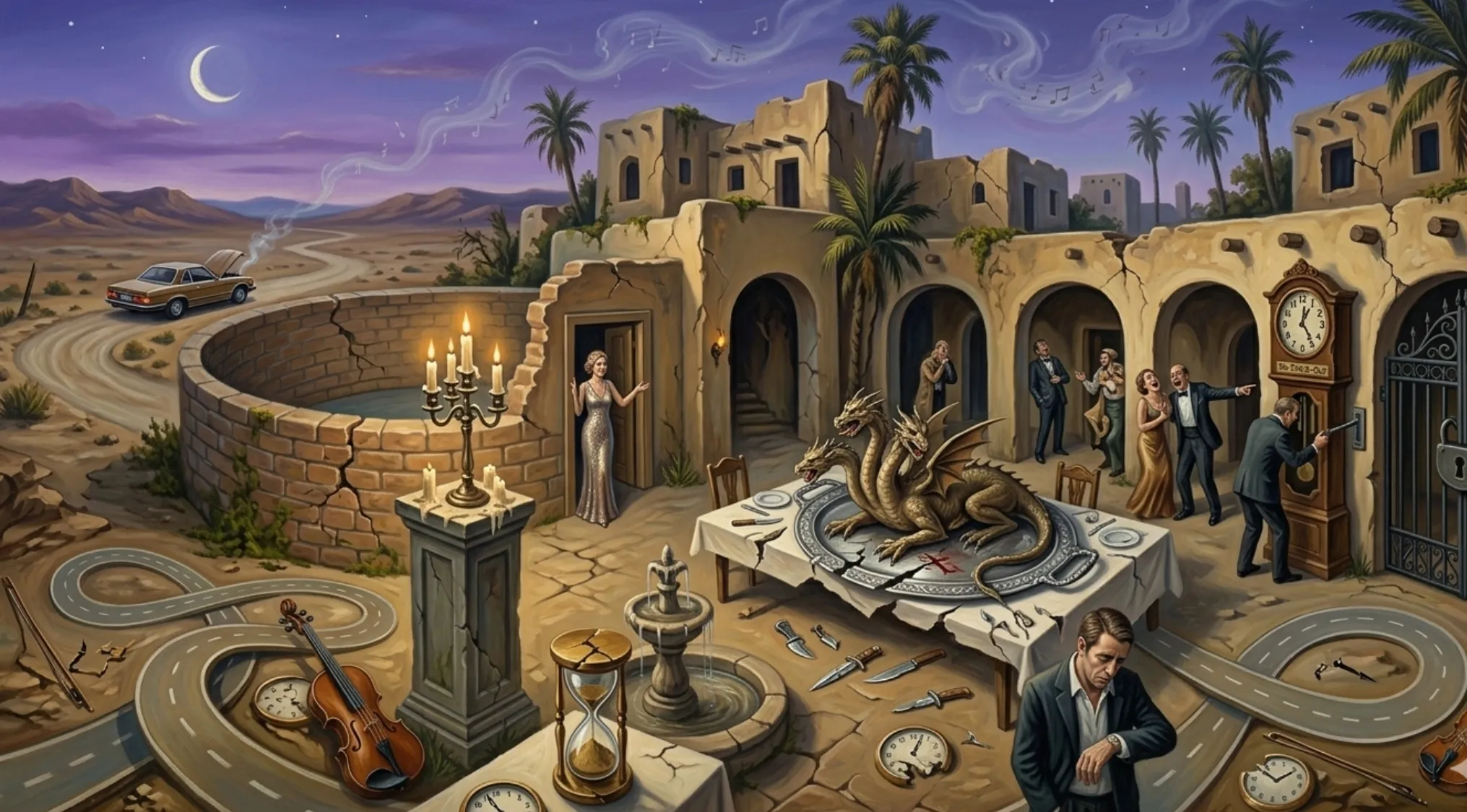 An intricate painting depicting a desert scene with a broken-down car, a well, and a bustling Middle Eastern town at night. Guess the song from this image.