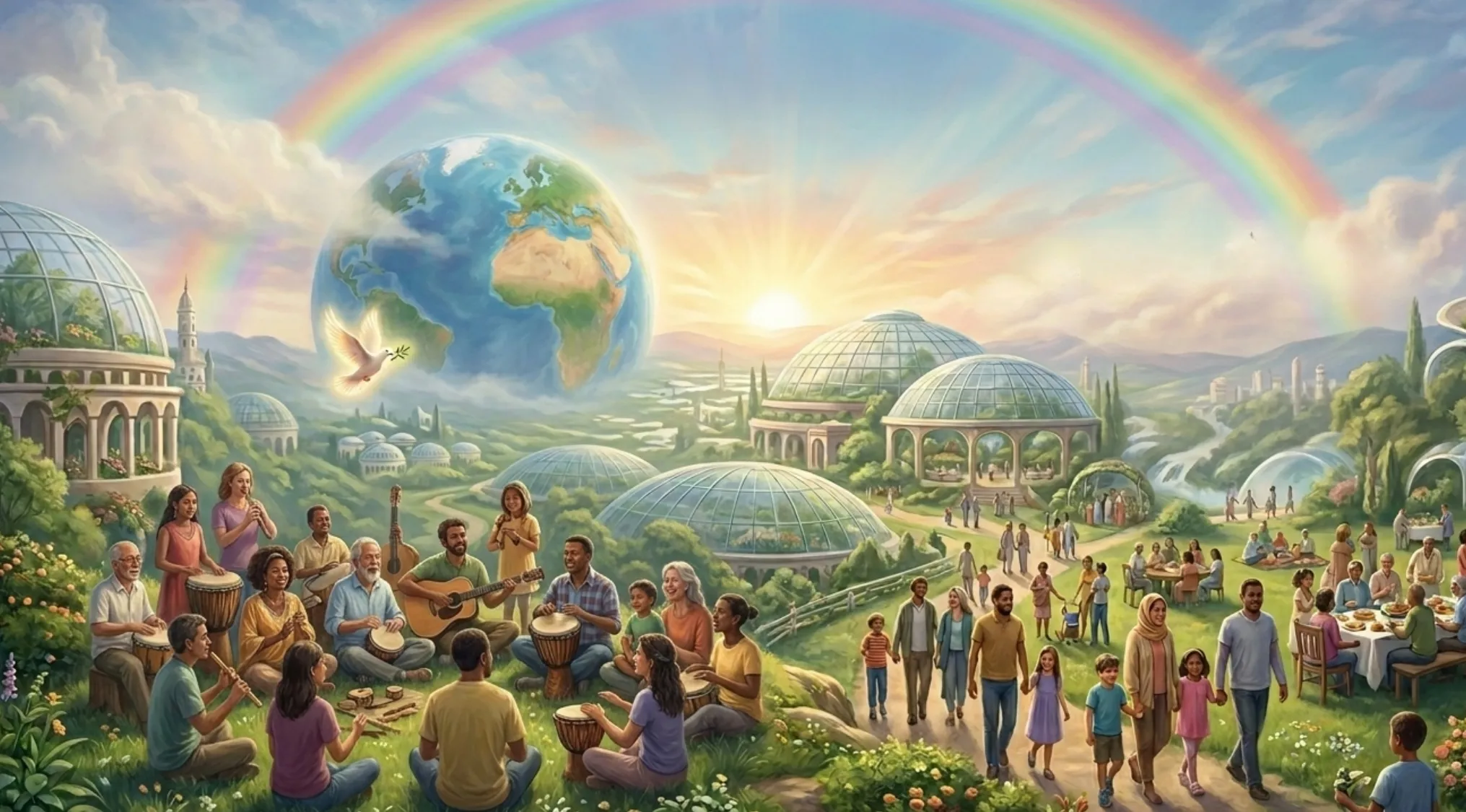 A vibrant utopia with diverse people living harmoniously, a large earth and rainbow in the sky. Guess the song from an image.
