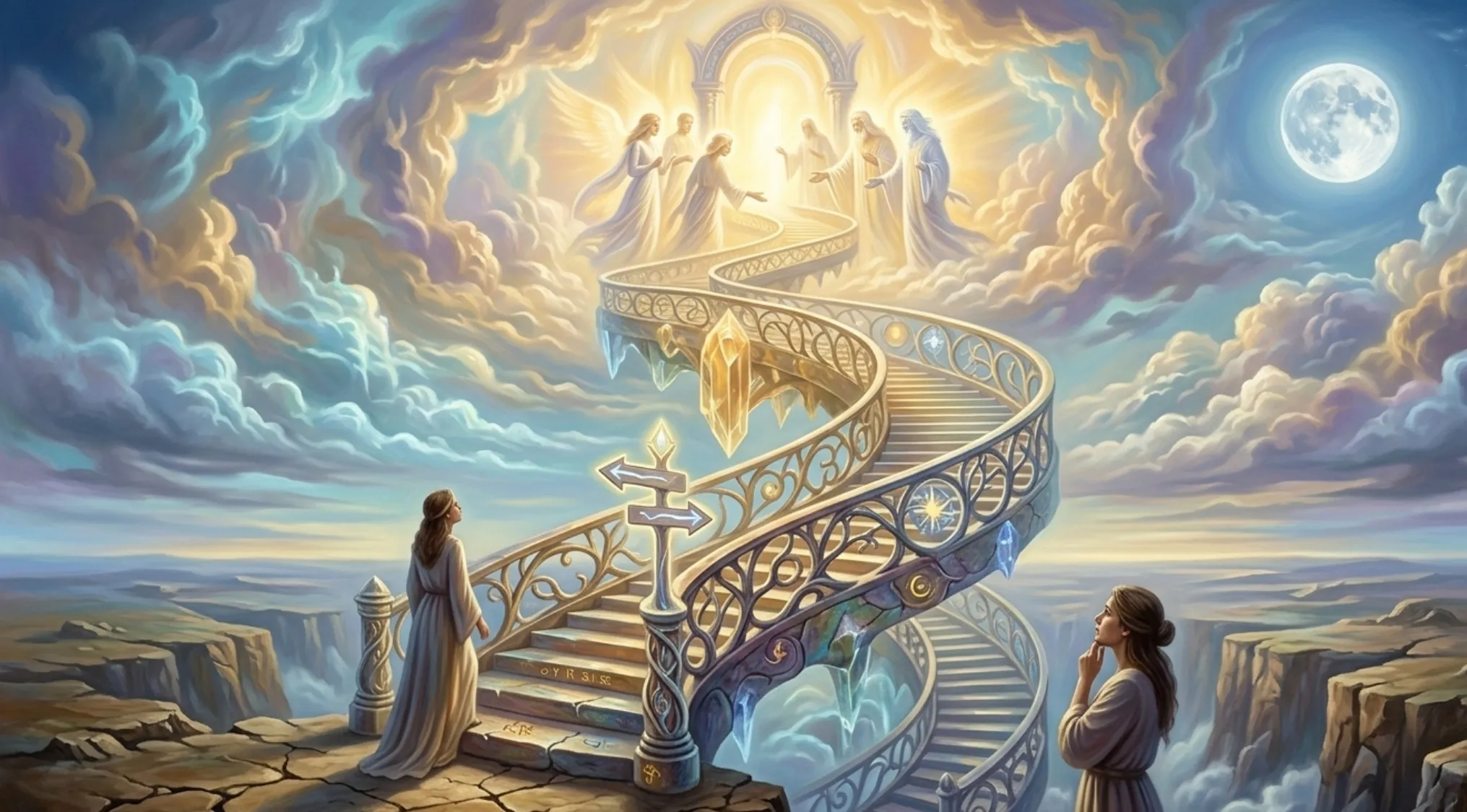 Fantasy art depicting women gazing at a grand spiral staircase leading to angels and a bright archway in the sky. Guess the song from an image.