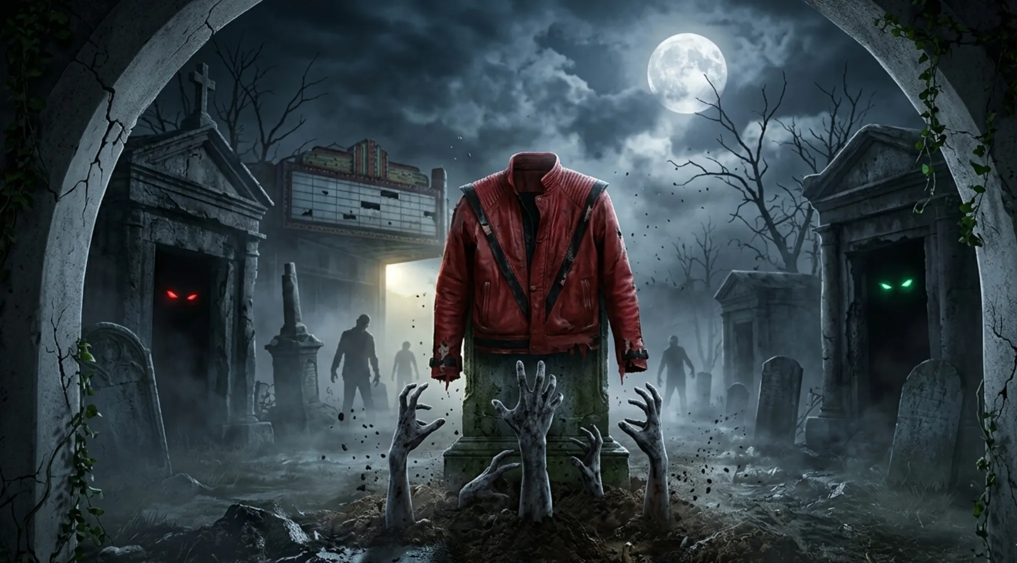 A red jacket from Michael Jackson's Thriller video in a spooky graveyard with zombies, helping guess the song from an image.