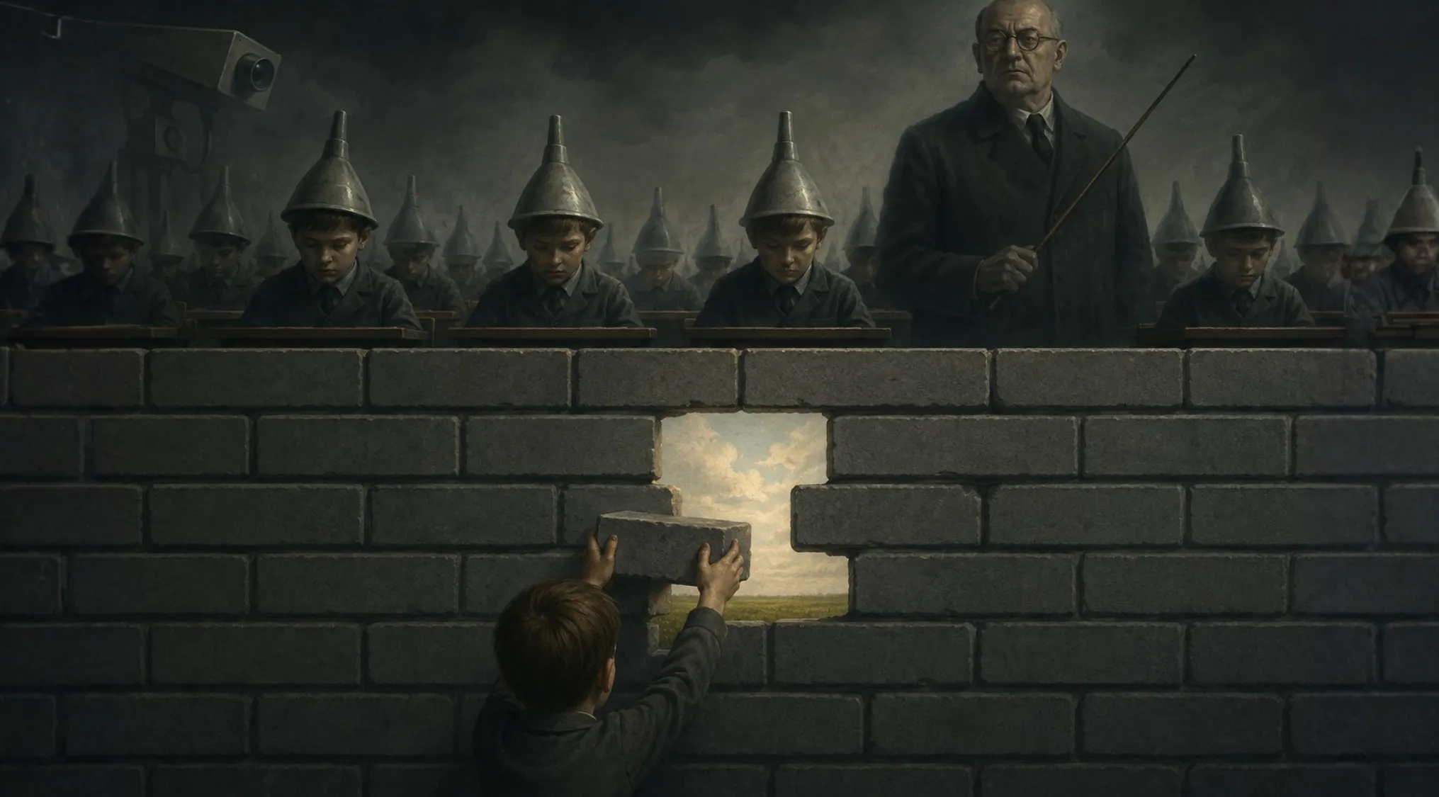 A child looking through a hole in a brick wall, while other children with dunce caps sit in a classroom with a teacher. Guess the song.
