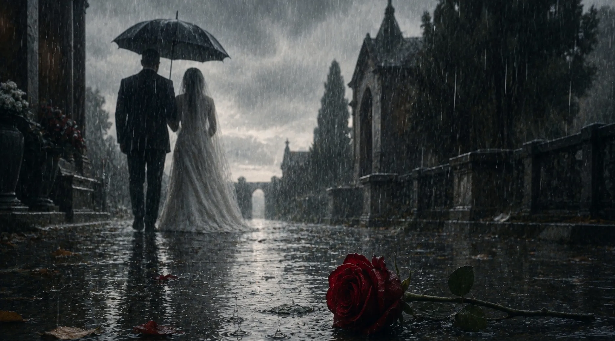 A couple with an umbrella walking in heavy rain, a red rose on the wet ground. Guess the song coded in this image.