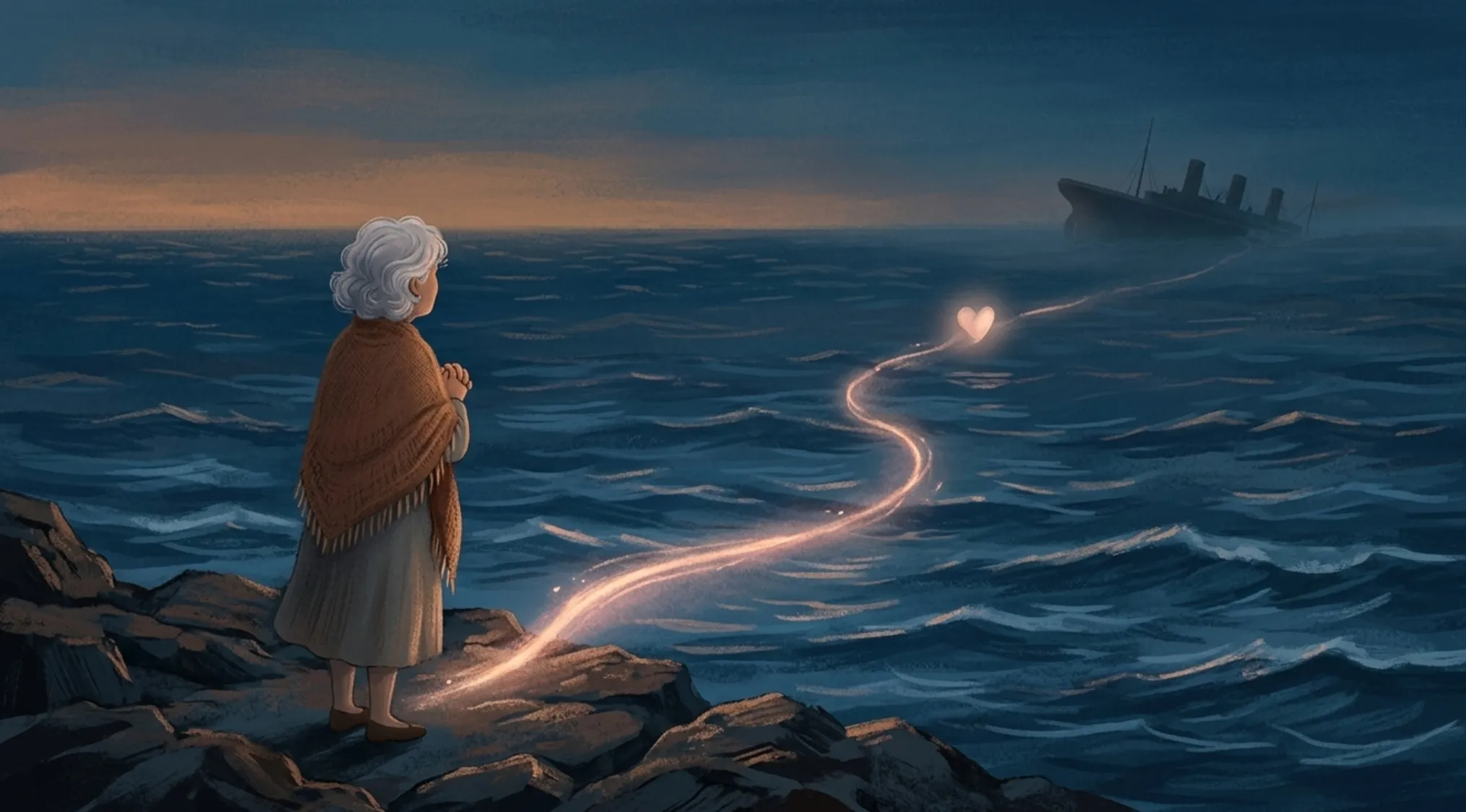 An elderly woman watches a glowing heart float across the ocean towards a sinking ship. Guess the song.