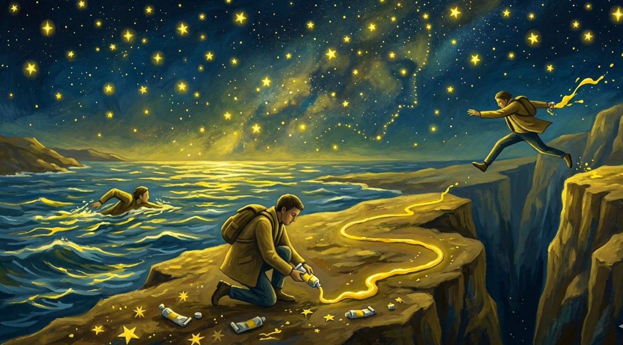 An illustrative painting of people interacting with stars and a glowing ocean at night. Guess the song from an image.