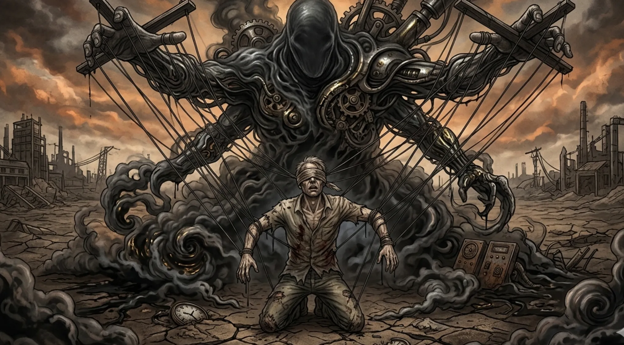 A blindfolded man controlled by a shadowy puppet master in a desolate, industrial landscape. Guess the song.