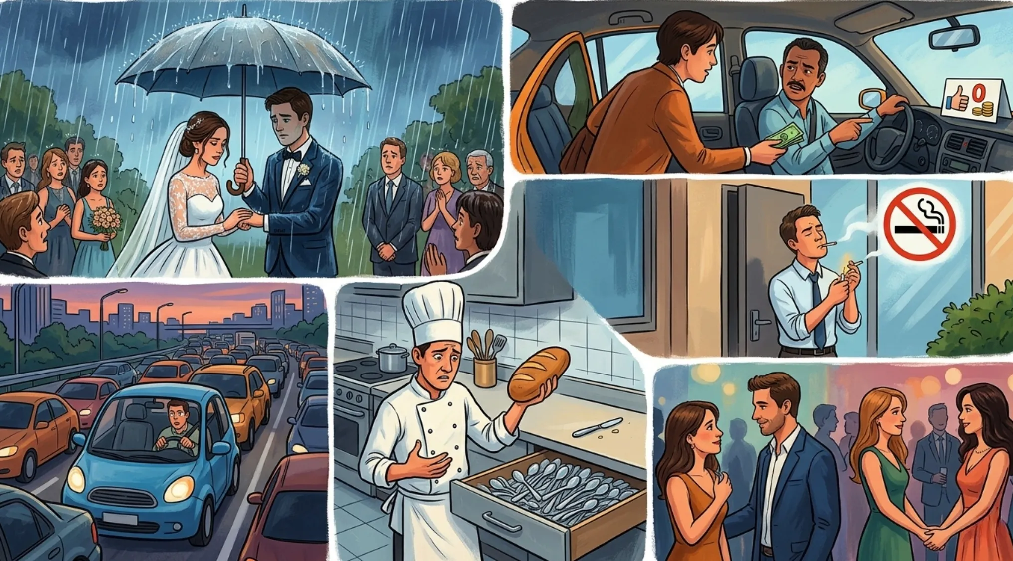 Guess the song from an image showing six different scenes: a rainy wedding, a taxi ride, a man smoking, traffic, a chef, and a party.