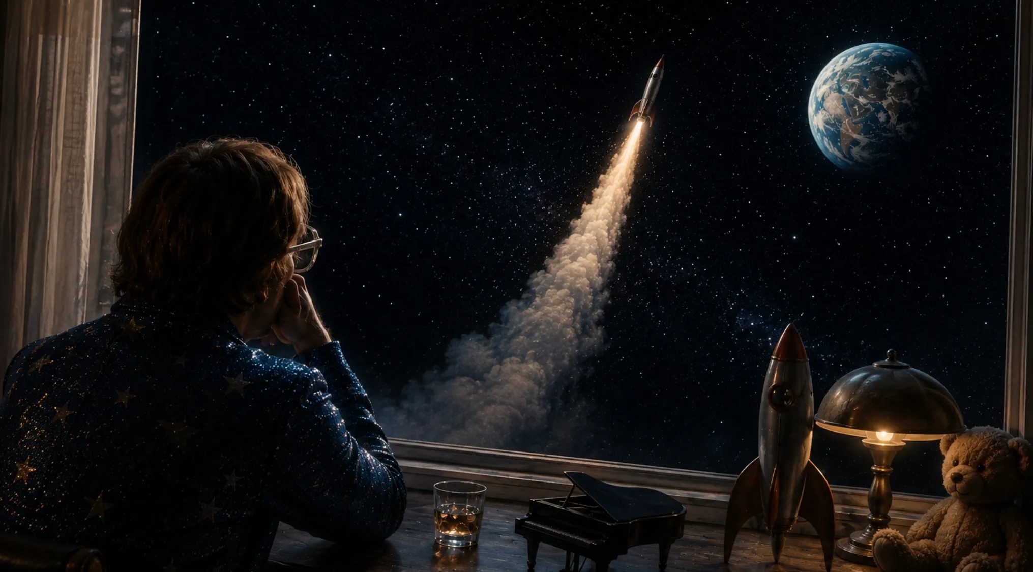 Guess the song: A man in a sparkling suit watches a rocket launch towards Earth from his window, a piano nearby.