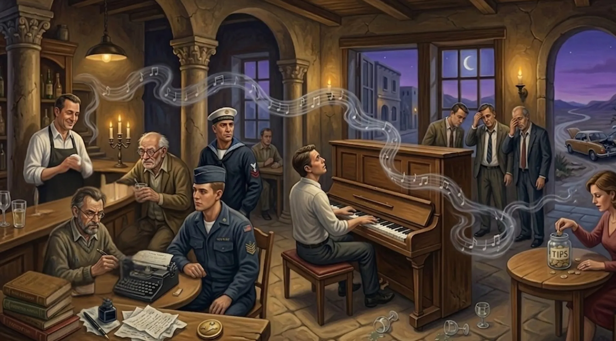 An old-world pub scene with a pianist playing and music notes floating. Can you guess the song from an image? What song is coded into this image?