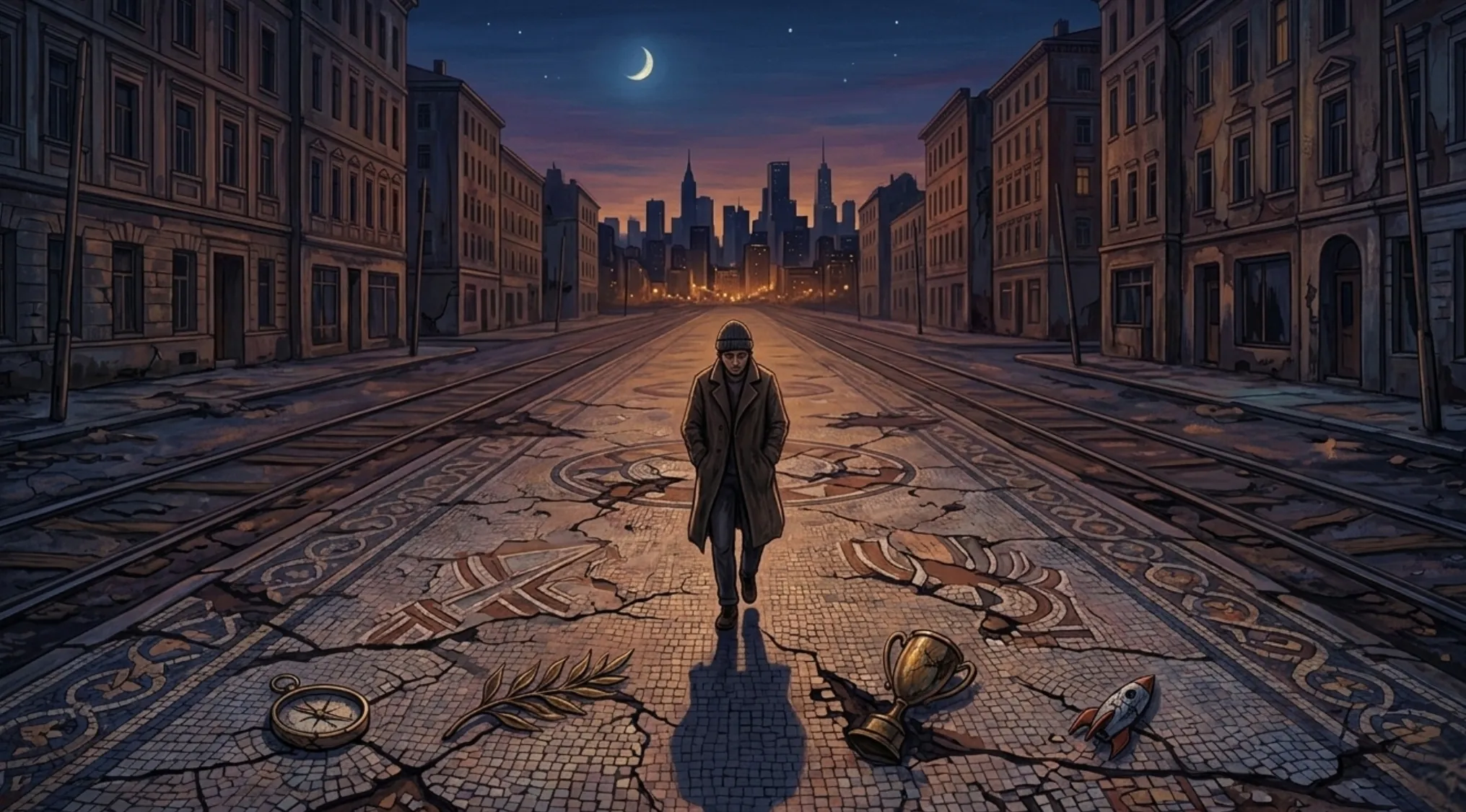 A man walks on a cracked mosaic street at dusk with a city skyline in the distance. Guess the song from this image.