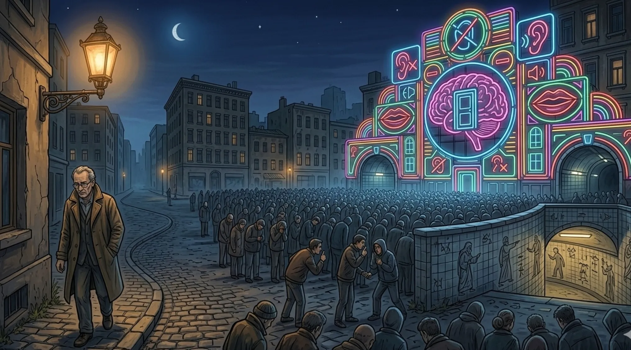 A man walks past a crowd facing a neon sign with a brain and senses. Guess the song from an image.