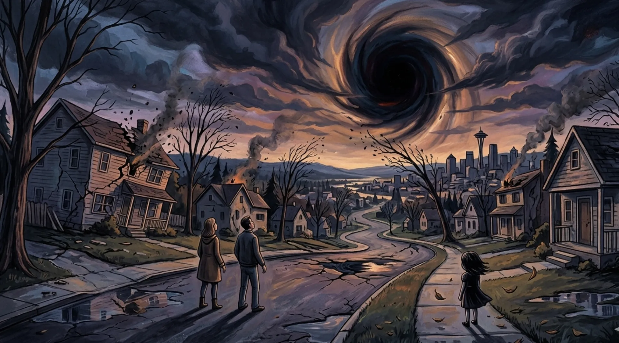 An illustration of a neighborhood with damaged houses and a looming black hole in the sky. Guess the song from an image.