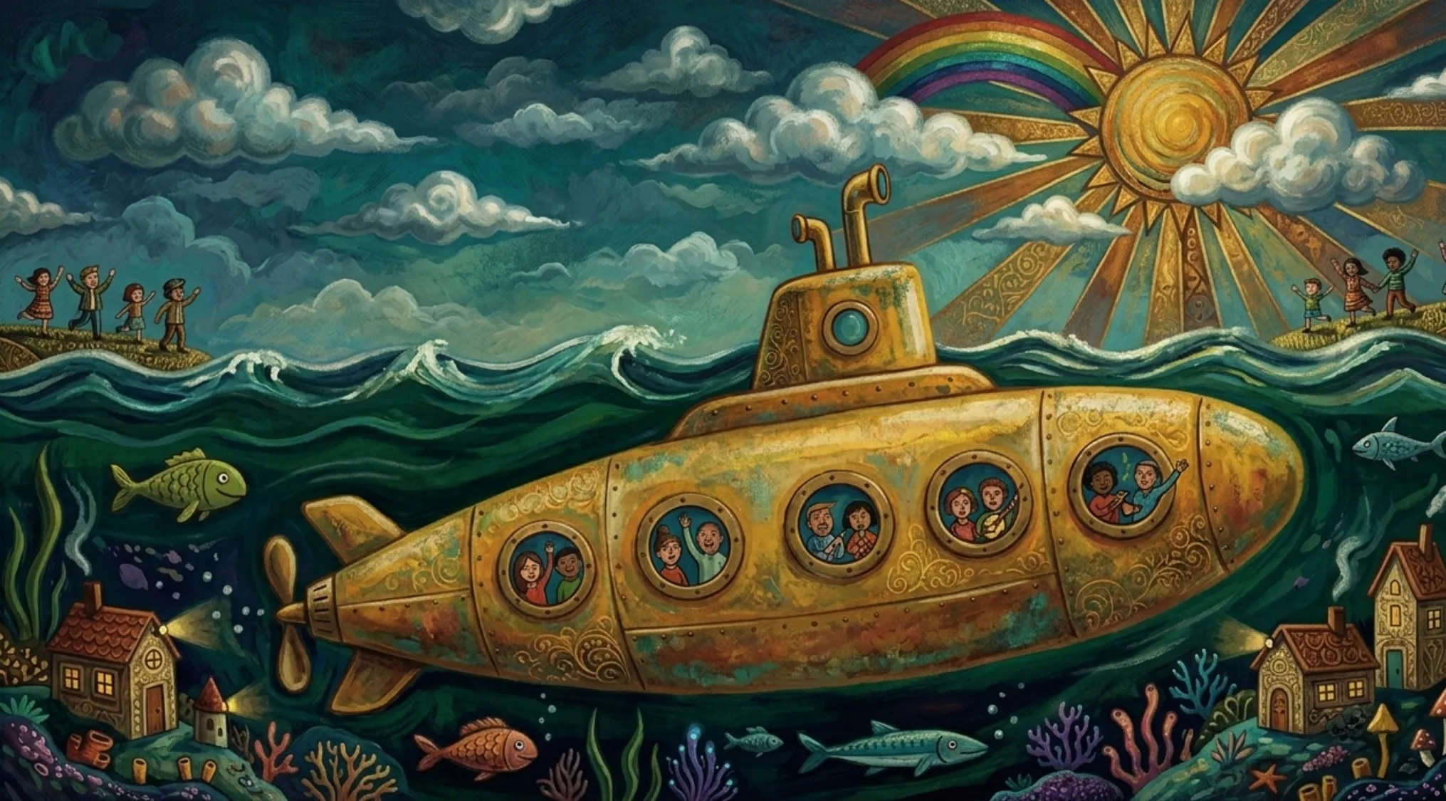 A whimsical painting showing a yellow submarine full of children, underwater villages, and a rainbow. Guess the song!
