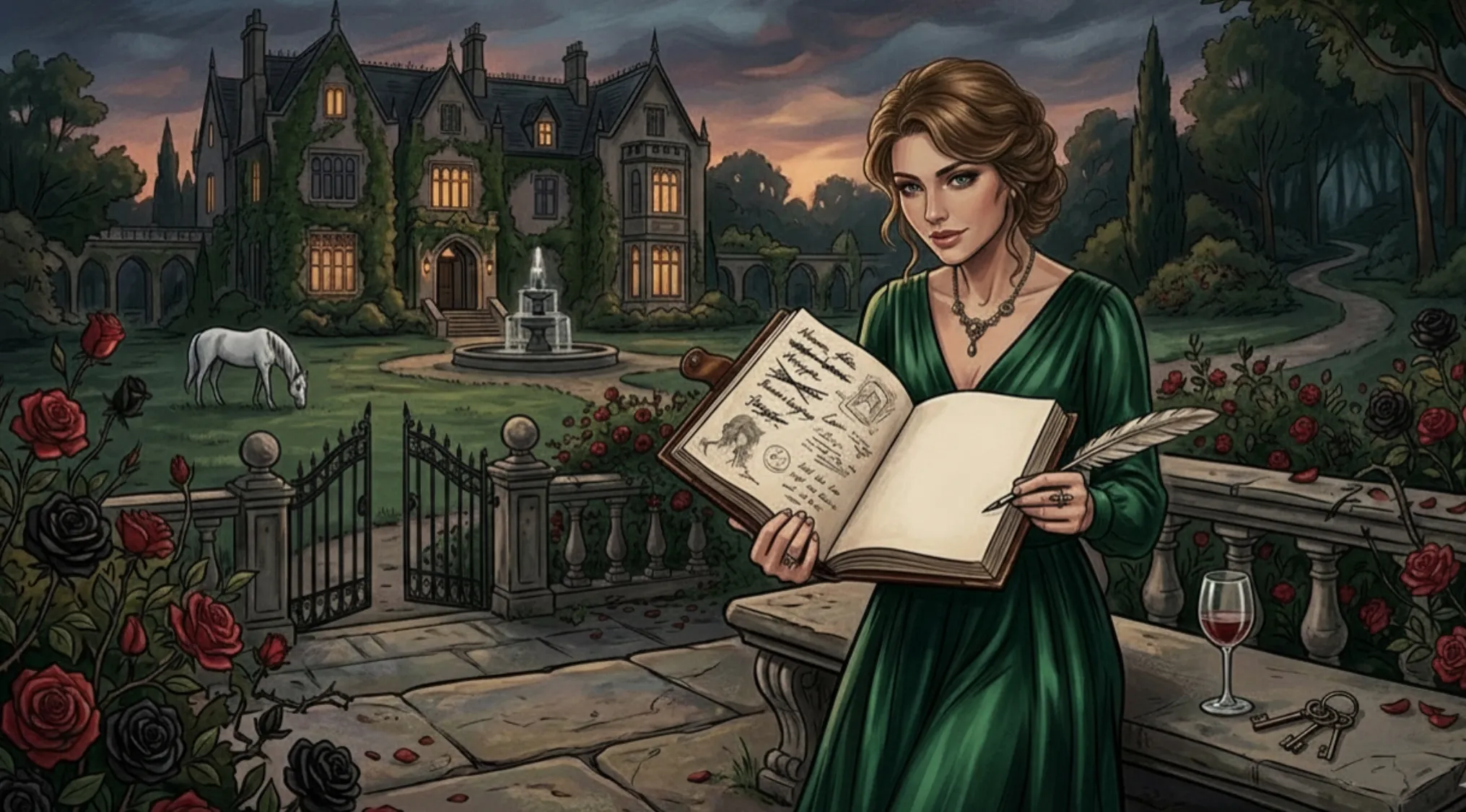 Woman in green dress writing in a journal with a feather quill, overlooking a mansion garden. Guess the song from an image.