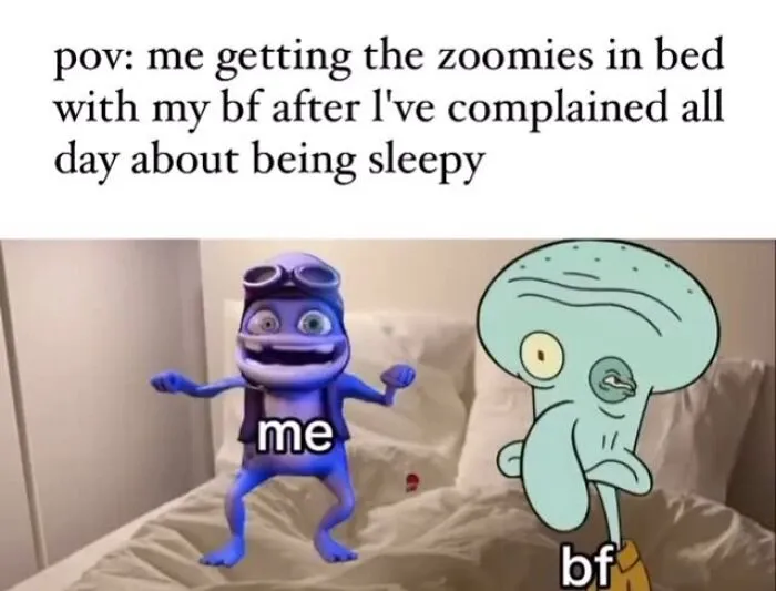 Couple meme with character getting zoomies in bed labeled me and bf