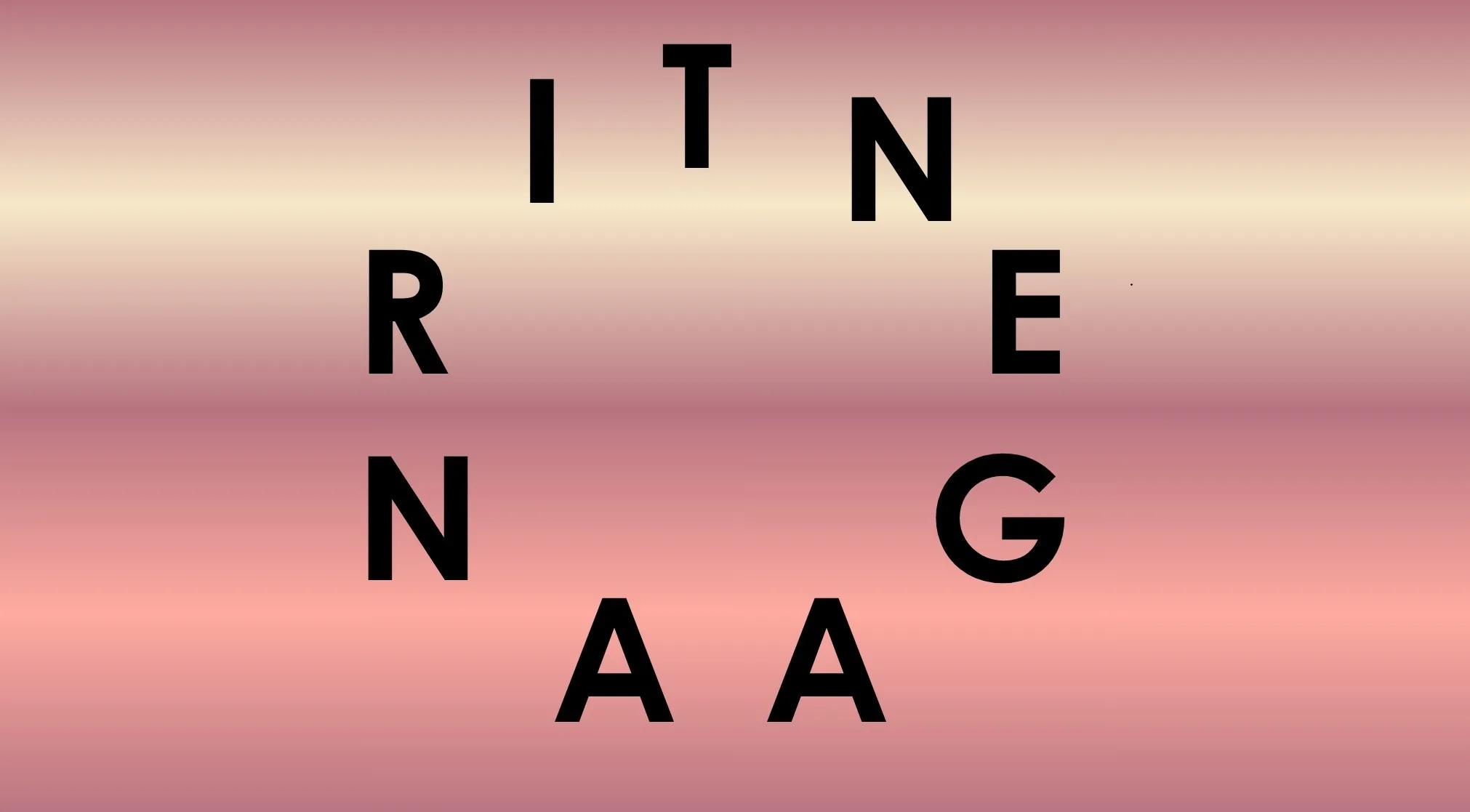 A word puzzle on a pink and cream gradient background. Scattered black letters spell TIRNAAGEN, challenge to unscramble the country name.