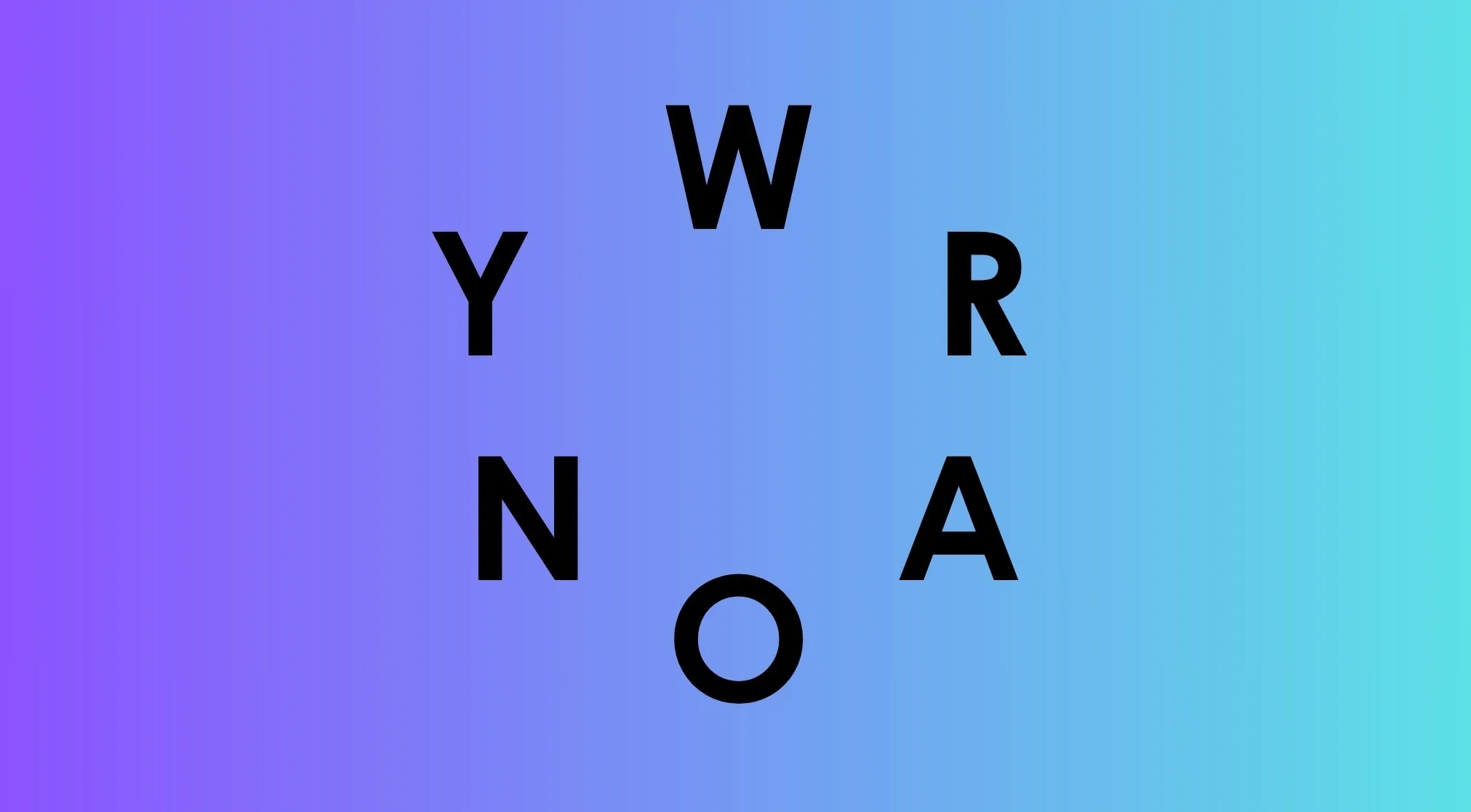 Unscramble the country name: black letters W, Y, R, N, O, A arranged in a circle on a purple to blue gradient background.