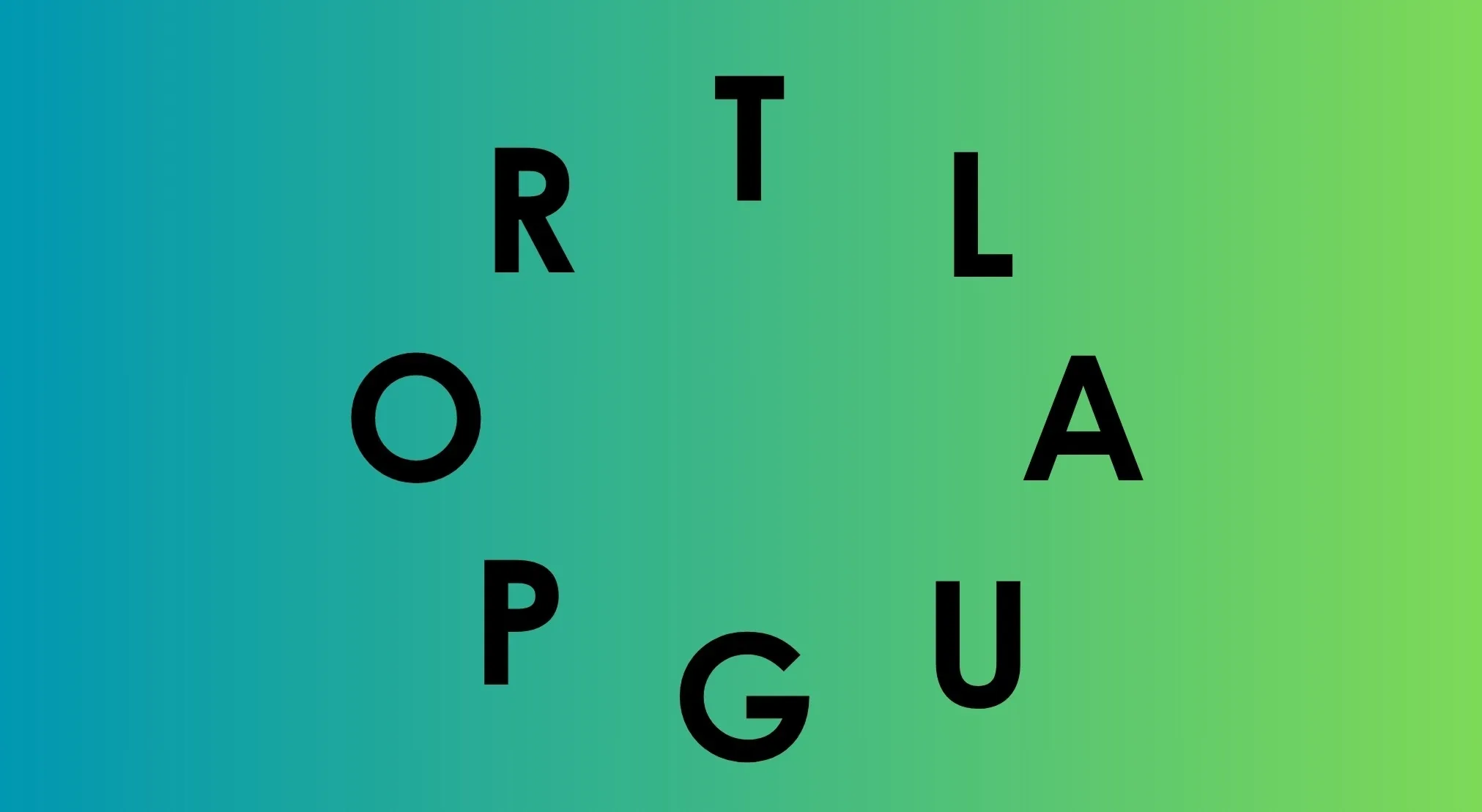 Scattered letters TROPGUAL on a blue-green gradient background, challenging users to unscramble the country name.