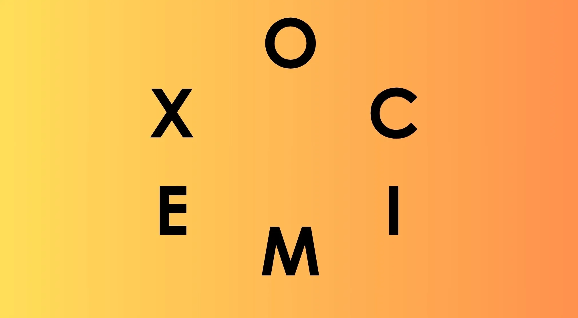 An orange and yellow gradient background with black letters O, X, E, M, I, C arranged in a circular pattern. Unscramble the country name.