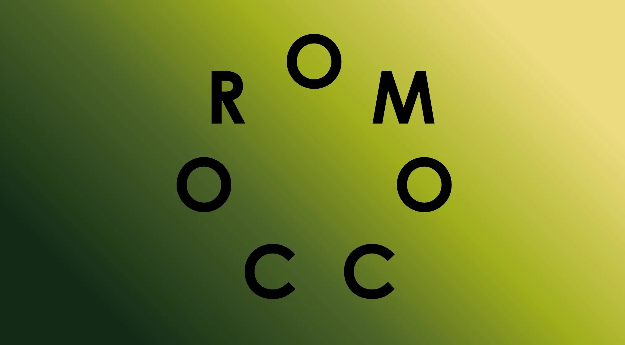 Black letters O, R, O, M, O, C, C arranged in a circle on a green gradient background for unscramble the country name.