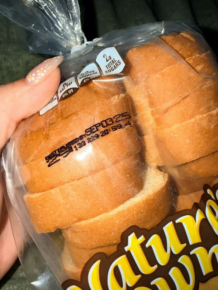 Bag of sliced bread displaying an expiration date, representing questionable food combos and poor packaging.