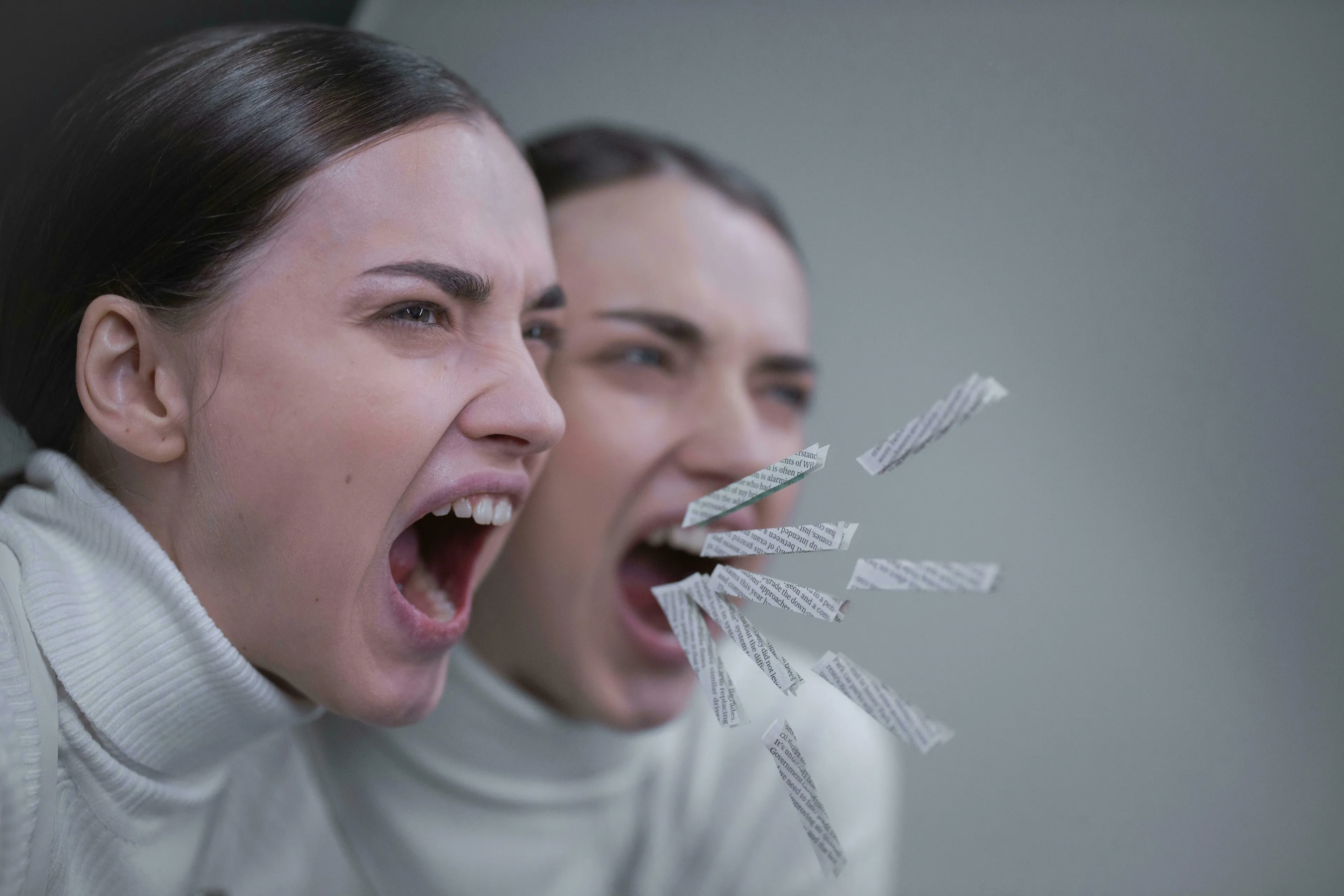 A woman yelling with words flying from her mouth, illustrating British vocabulary and emotions like shouting and slamming doors.