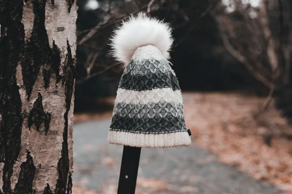 A gray and white woolen hat with a fluffy pom-pom sits on a post next to a tree, with a path in the background.