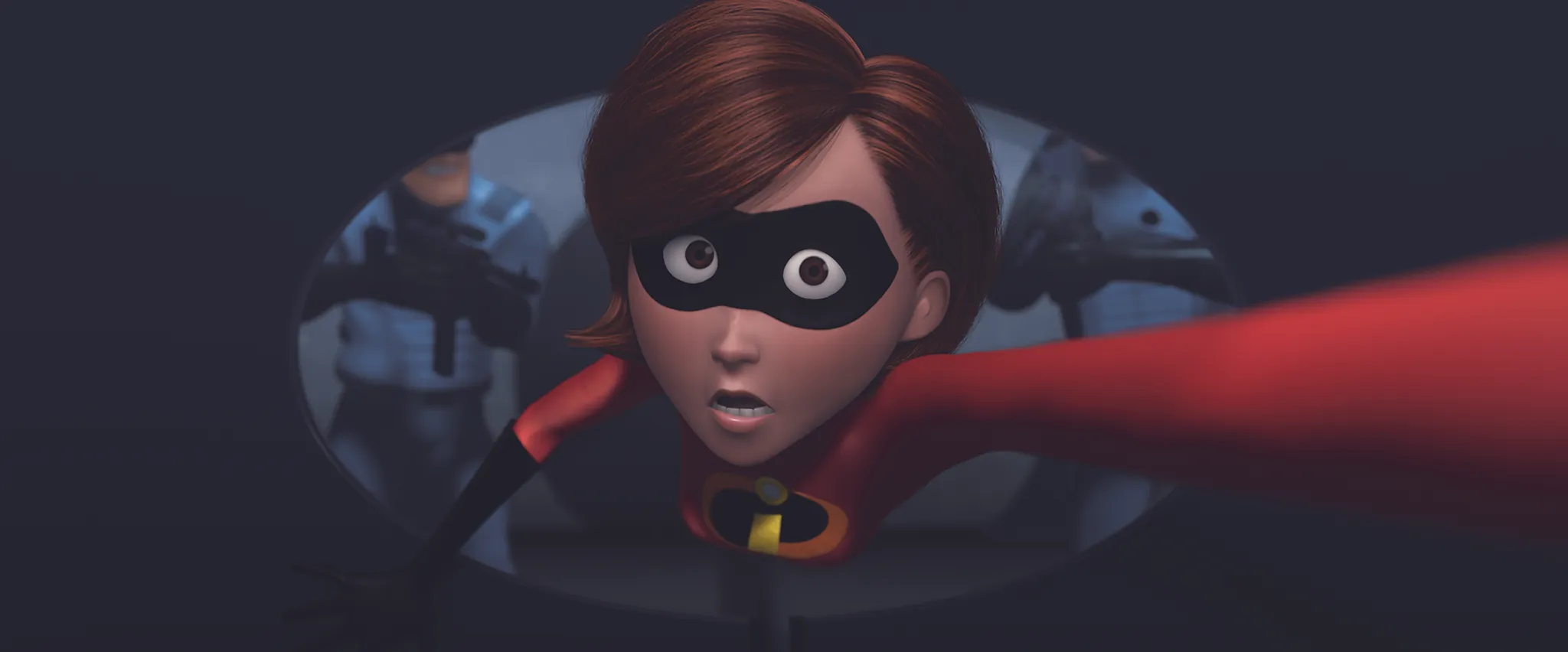 Elastigirl, an animated fictional character, stretches into a vent, with armed guards visible in the background.