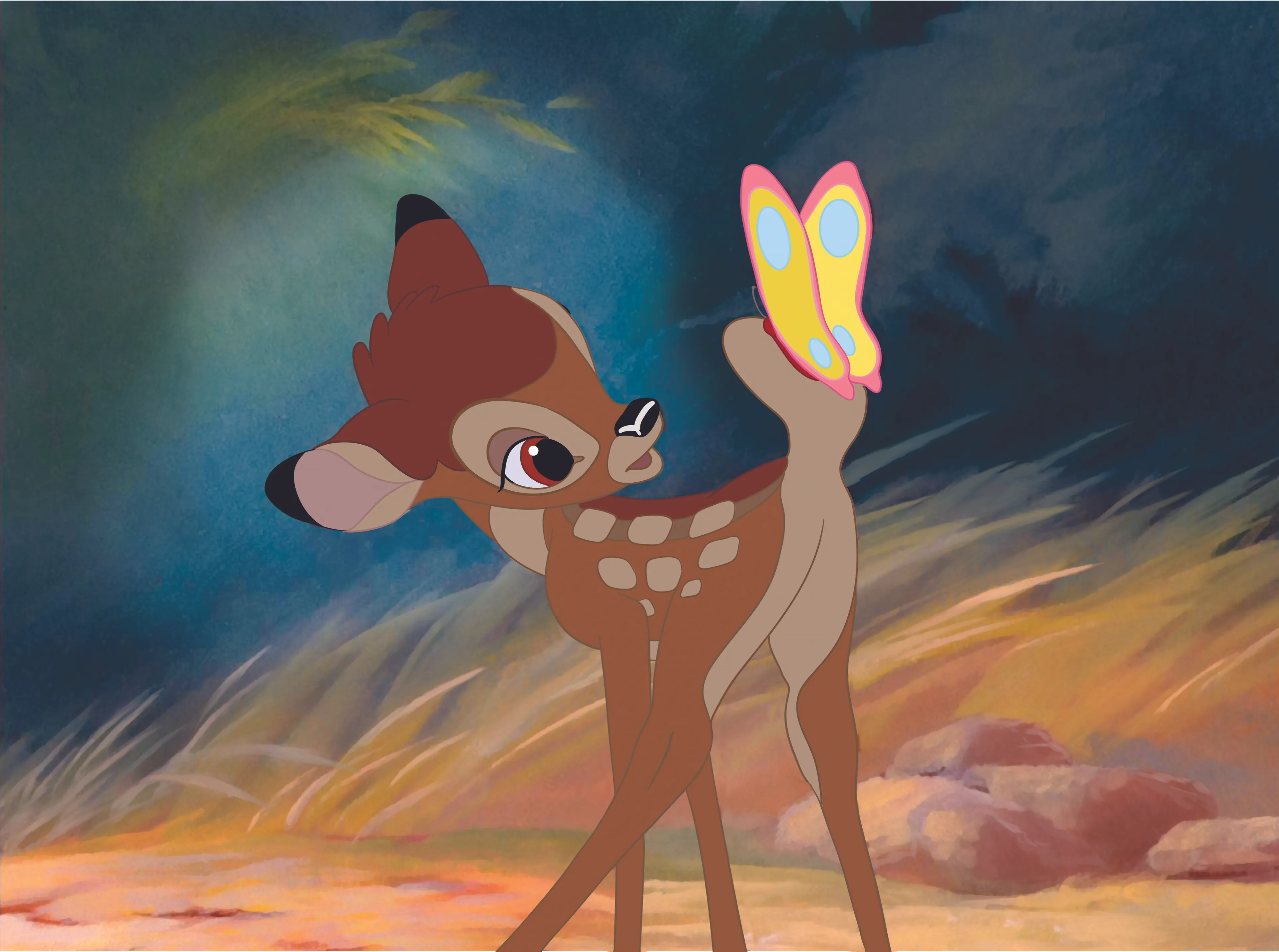 Bambi, an animated fictional character, gazes at a butterfly perched on his tail in a vibrant forest scene.
