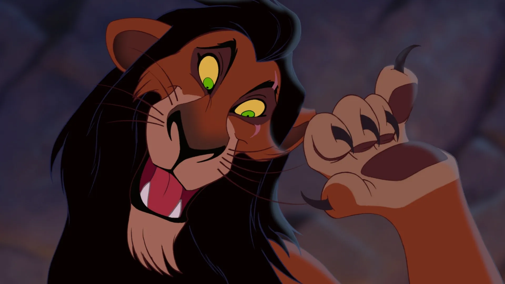 Scar, an animated fictional character, with a sinister expression, green eyes, and a raised claw.