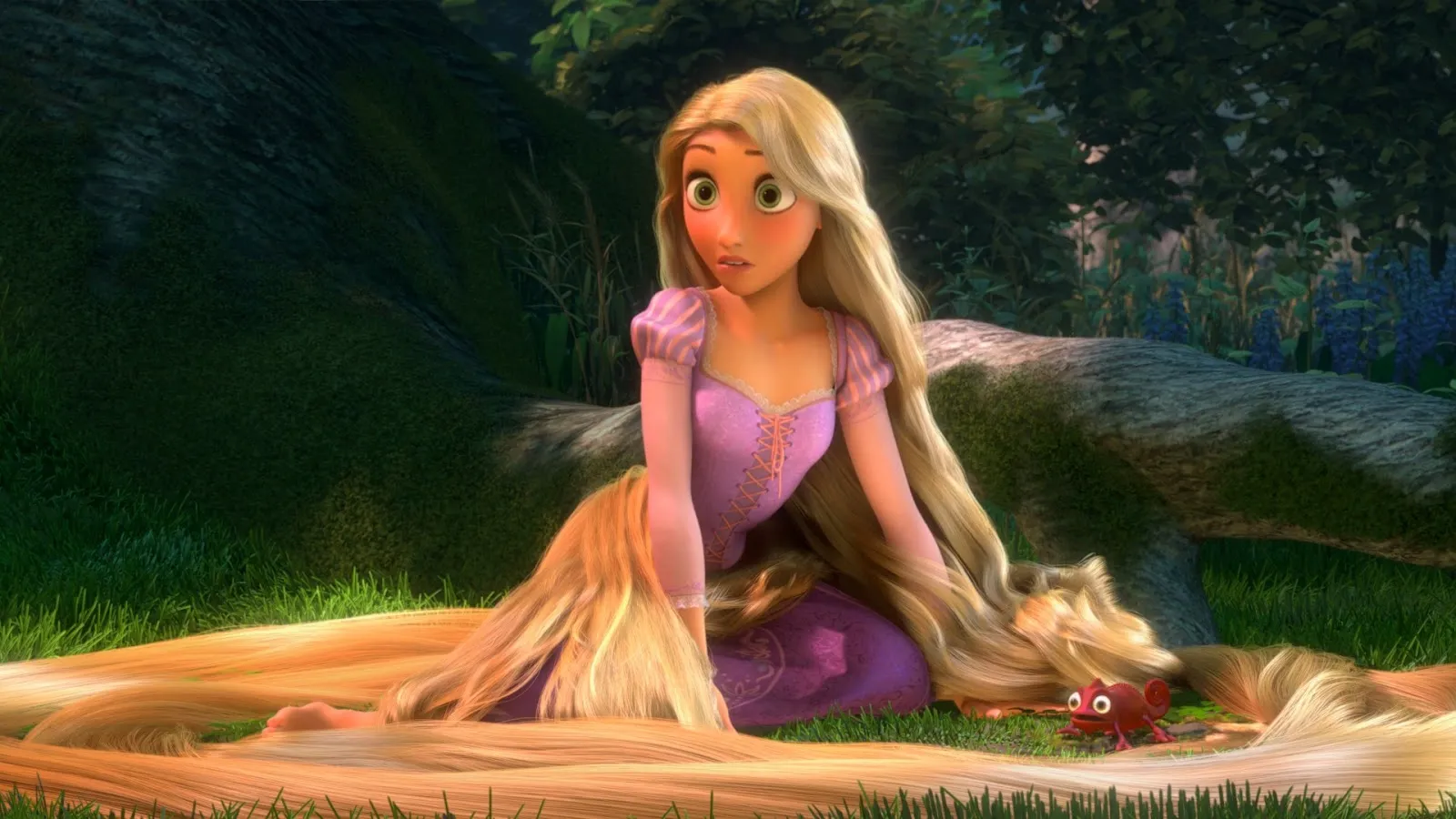Rapunzel, an animated fictional character, sits in a lush green forest, her long blonde hair spread around her.