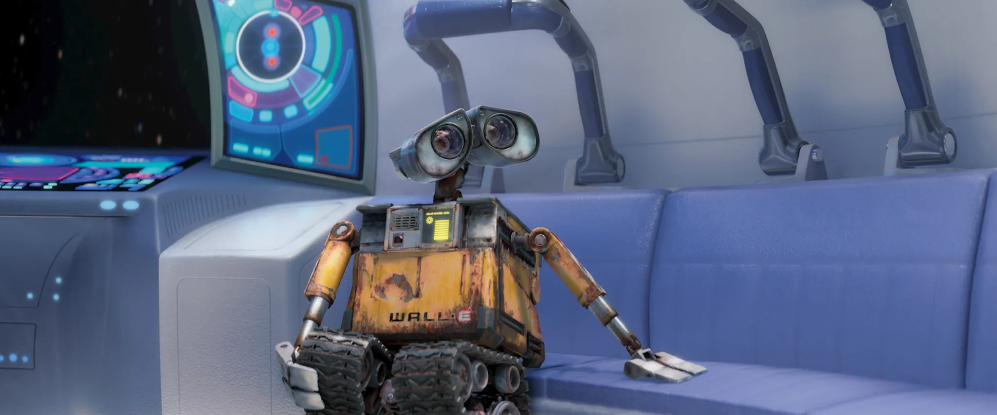 WALL-E, the robot, sitting on a couch with screens displaying galactic views, perfect for a movie night.