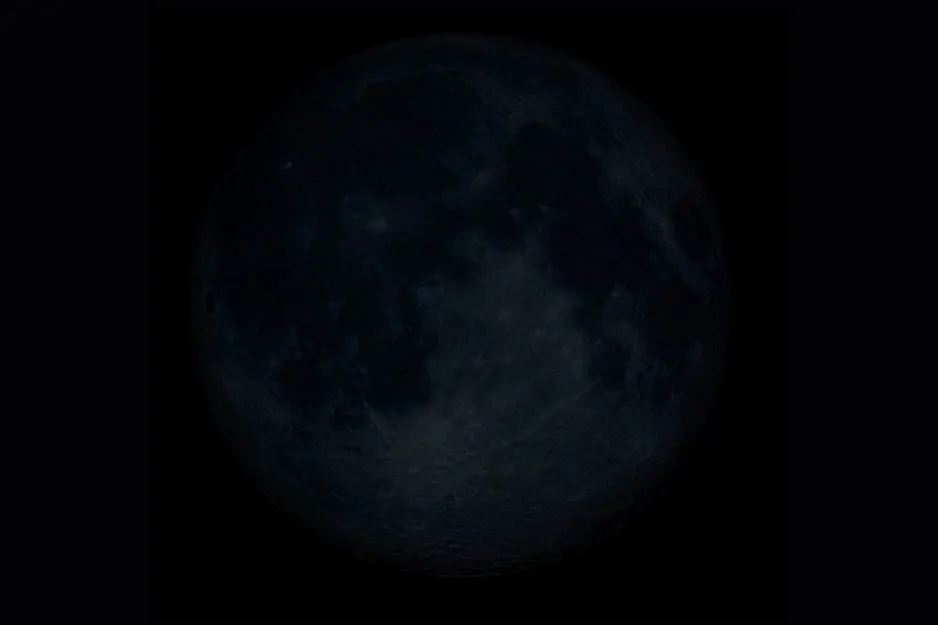 A dark New Moon, barely visible against the blackness of space, embodying a sense of mystery and new beginnings.