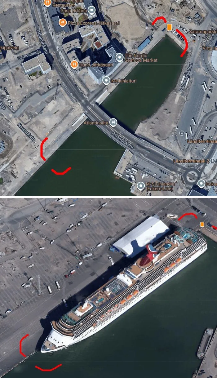 Google Maps aerial view of a harbor area with red markings highlighting map shenanigans