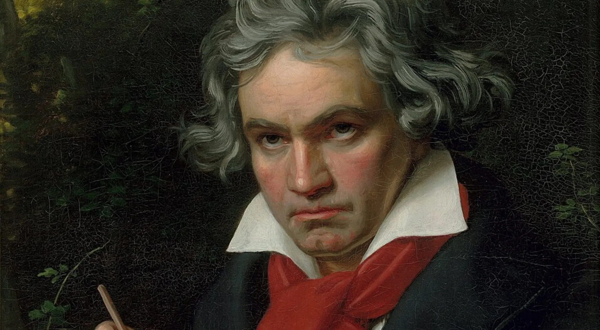 A painting of Beethoven looking contemplative, with grey curly hair and a red scarf. How many symphonies did Beethoven complete?