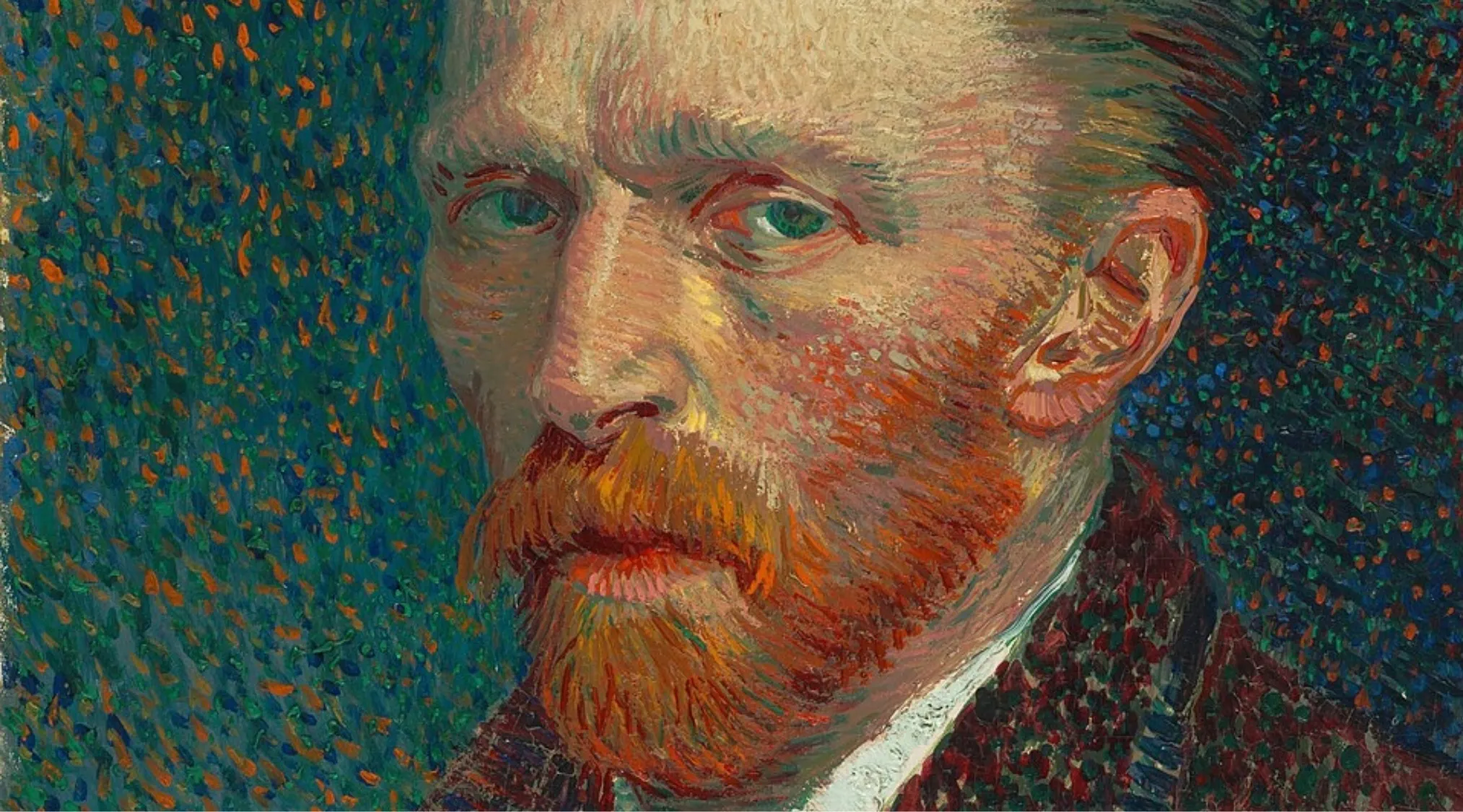 A close-up of a Vincent van Gogh self-portrait with vibrant brushstrokes, featuring his intense gaze and red beard.