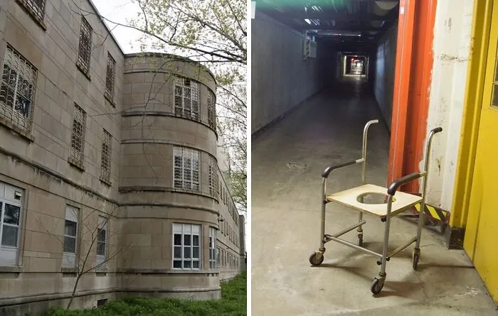 Exterior of $14 million abandoned mansion with barred windows and overgrown yard