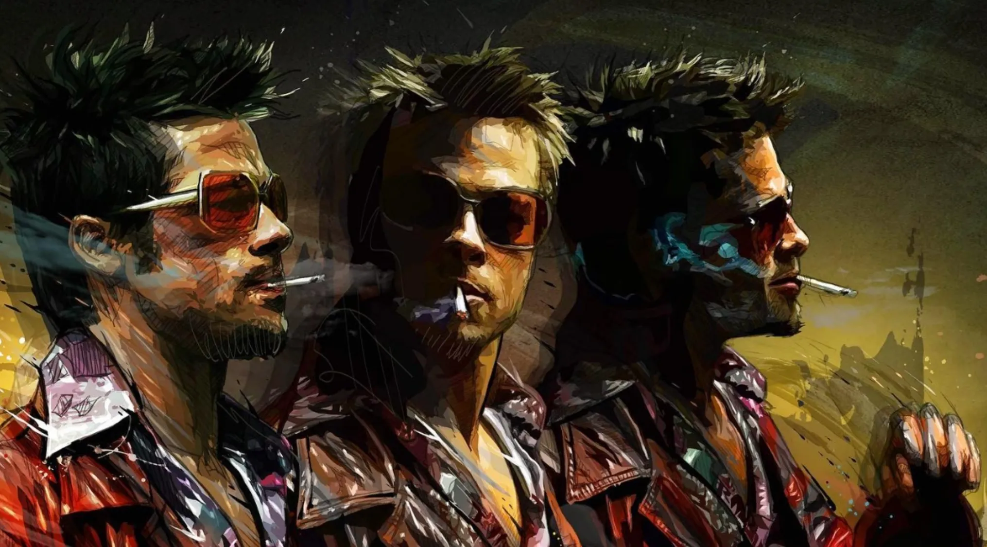 Movie fan art: three artistic portrayals of Brad Pitt's character, Tyler Durden, smoking, a guess the movie challenge.