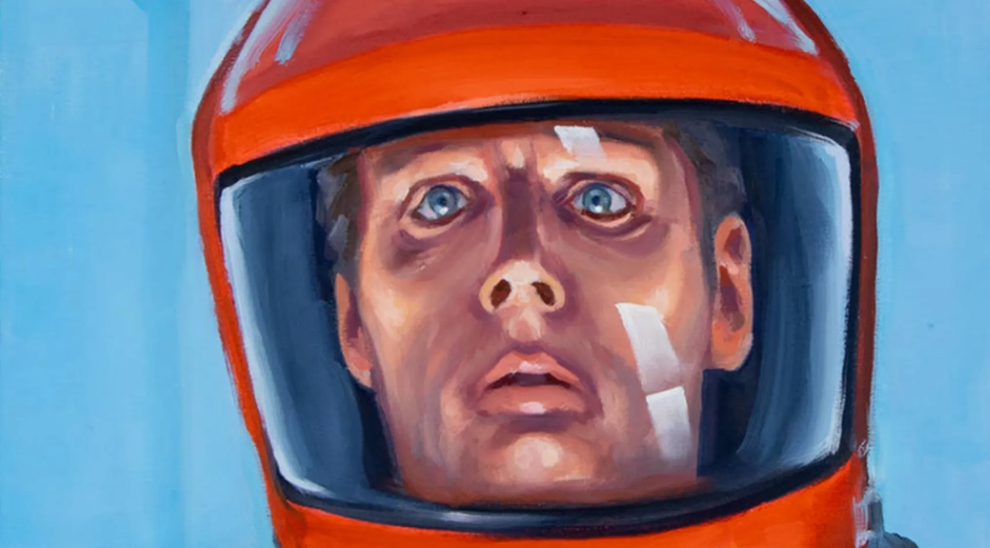 Movie fan art of a man in an orange helmet, with a shocked expression and blue eyes.