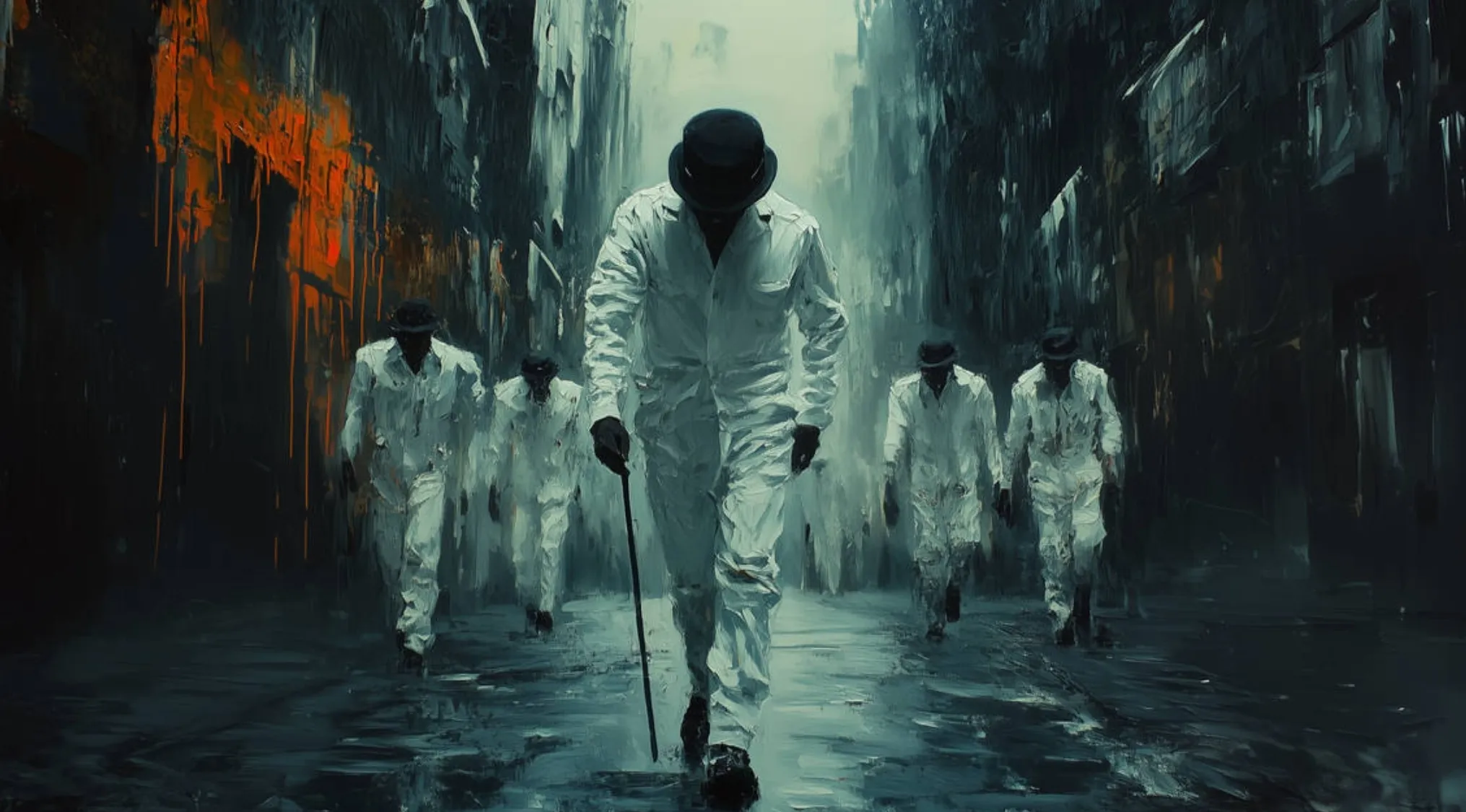 Striking Movie Fan Art featuring figures in white jumpsuits and bowler hats, reminiscent of a classic movie scene.