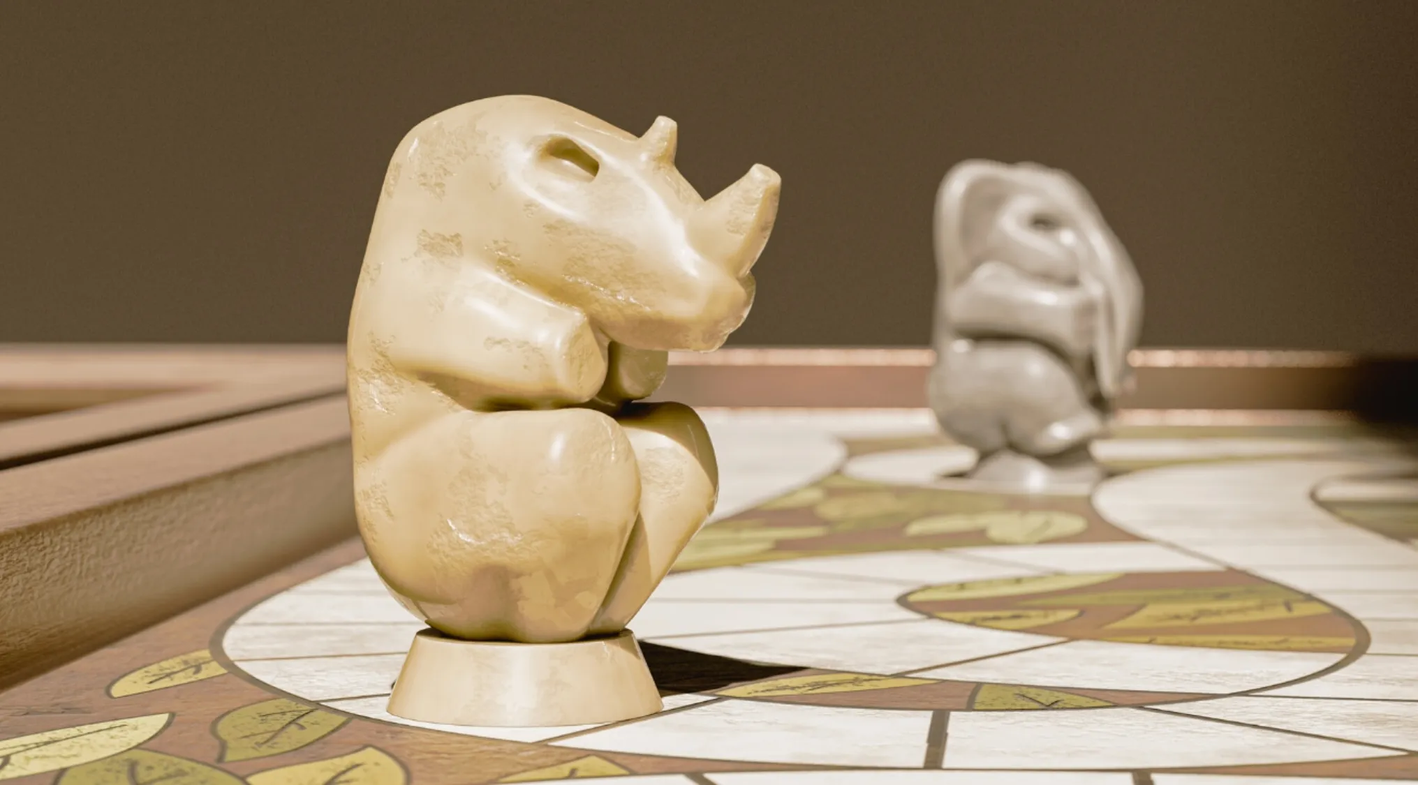 Movie fan art of a detailed Jumanji rhinoceros game piece on a board, with another piece blurred in the background.