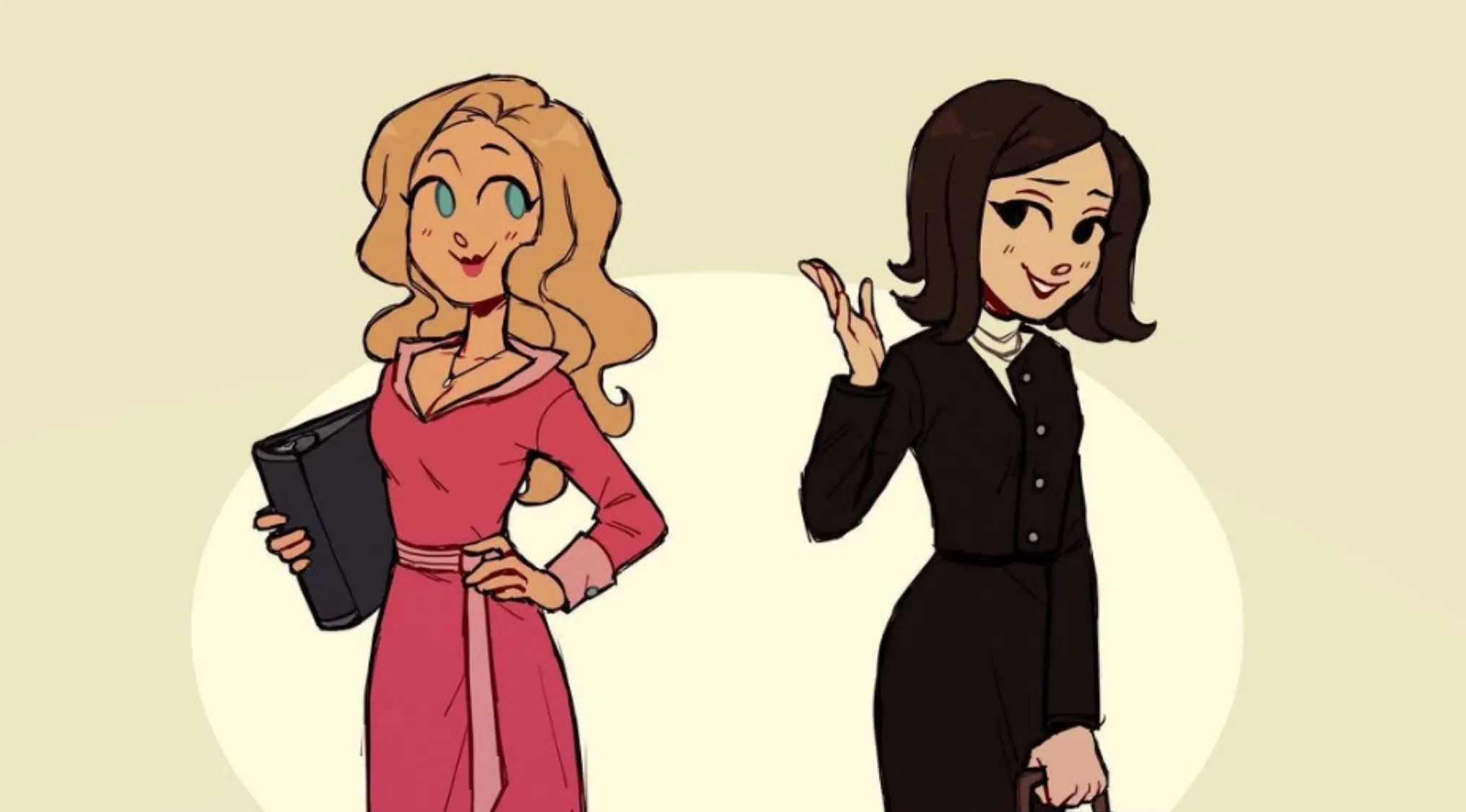 Movie Fan Art: Two cartoon women, one blonde in pink holding a binder, one brunette in black. Spot the famous movie!