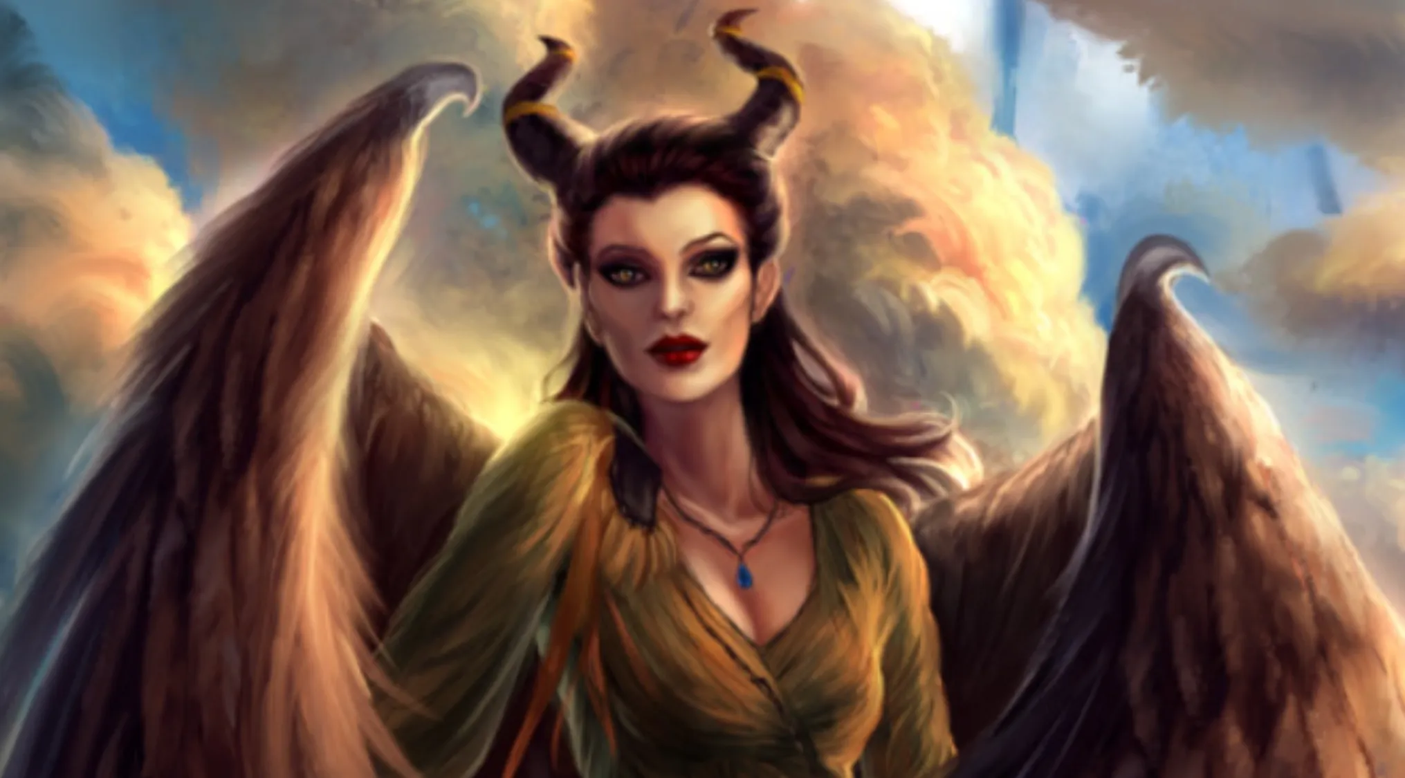 Movie fan art of Maleficent with large wings and horns, set against a cloudy, orange-blue sky. Guess the movie.