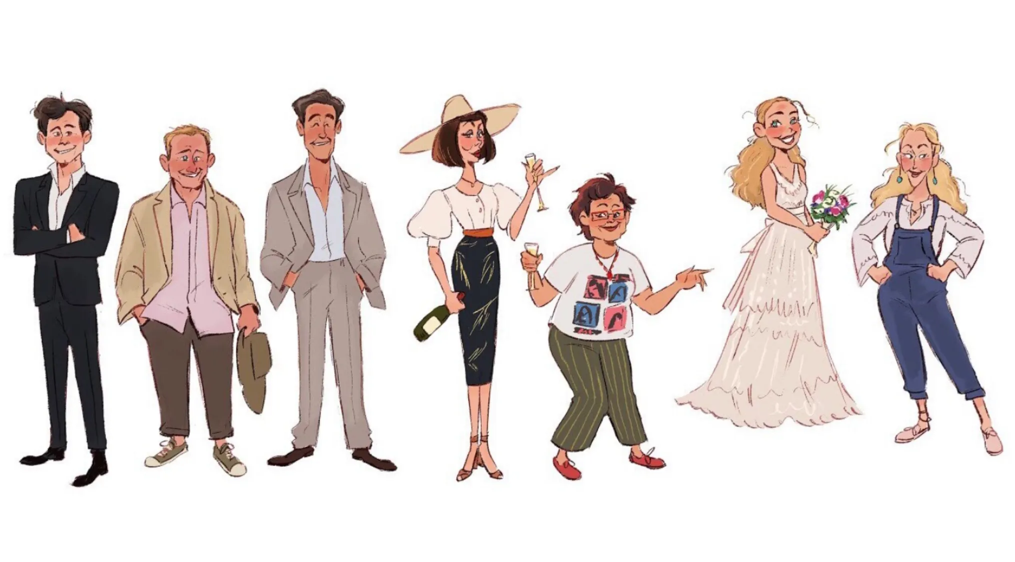 Colorful Movie Fan Art illustration of characters from the Mamma Mia movie. Seven individuals in various poses and outfits.