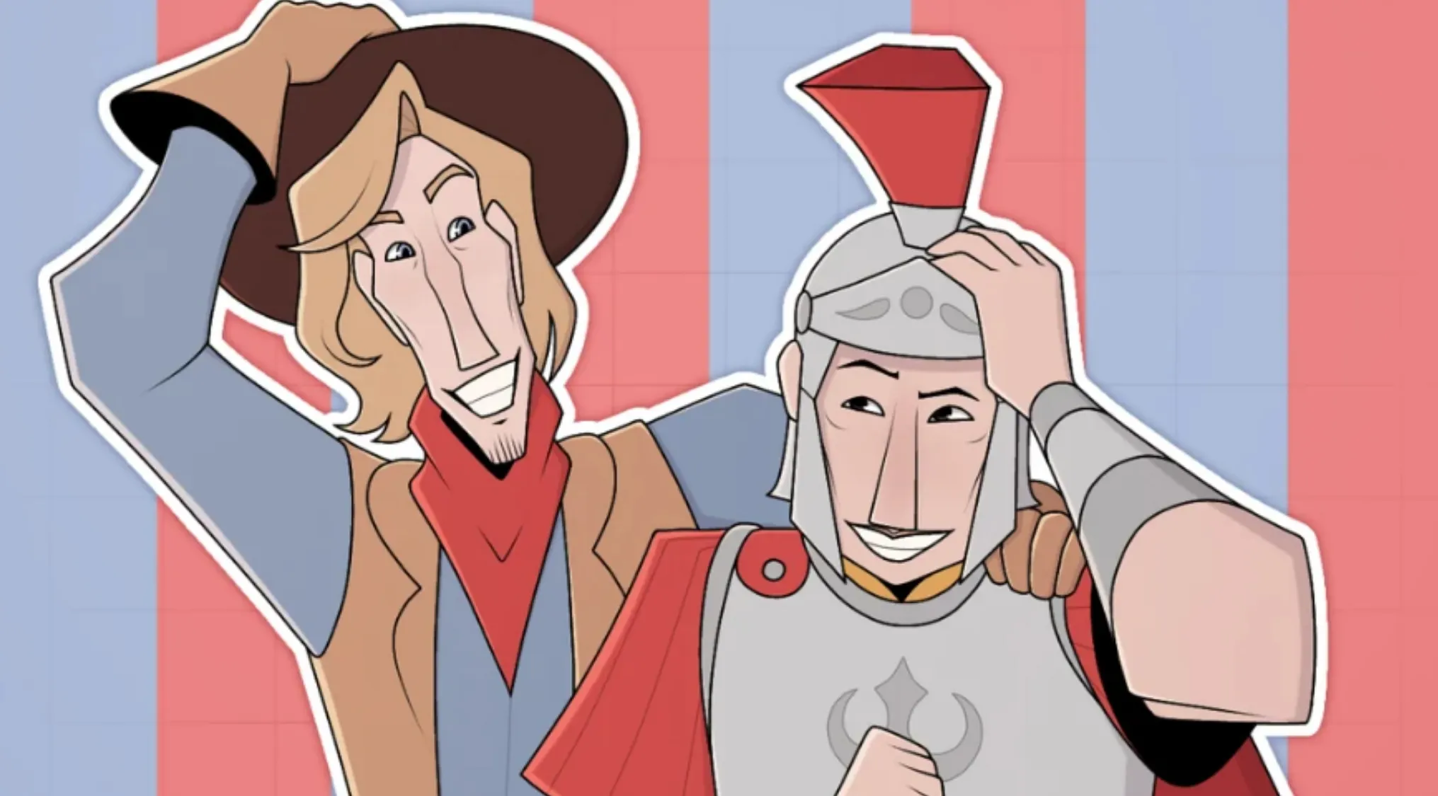 Movie fan art depicting a smiling cowboy-like character and a Roman soldier with a red plume, guessing which movie this fan art depicts.